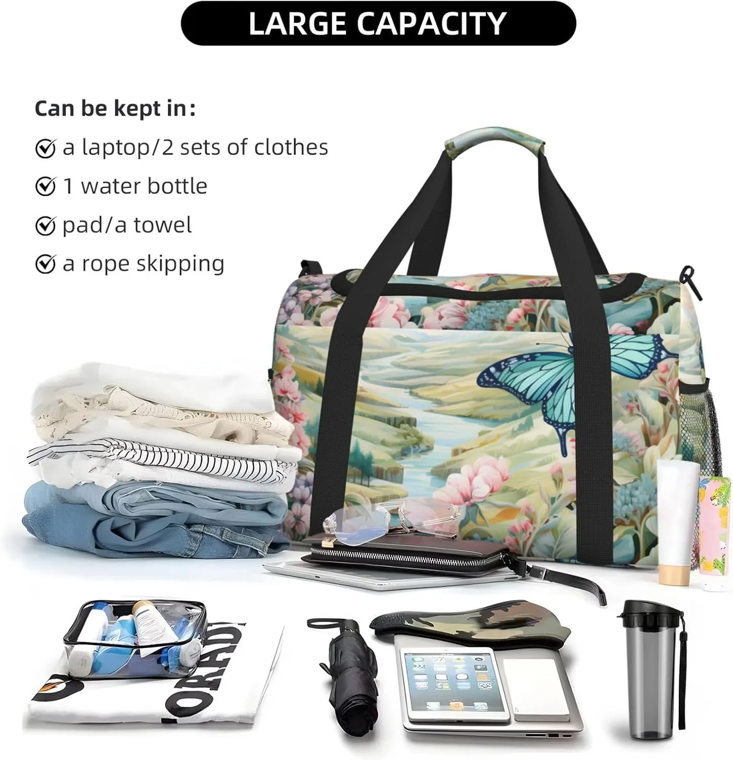 Scenic River Flower Duffle Bag Foldable Travel Tote Bag Carry On Large Weekender Overnight Bags Waterproof Gym Bag For Women Men