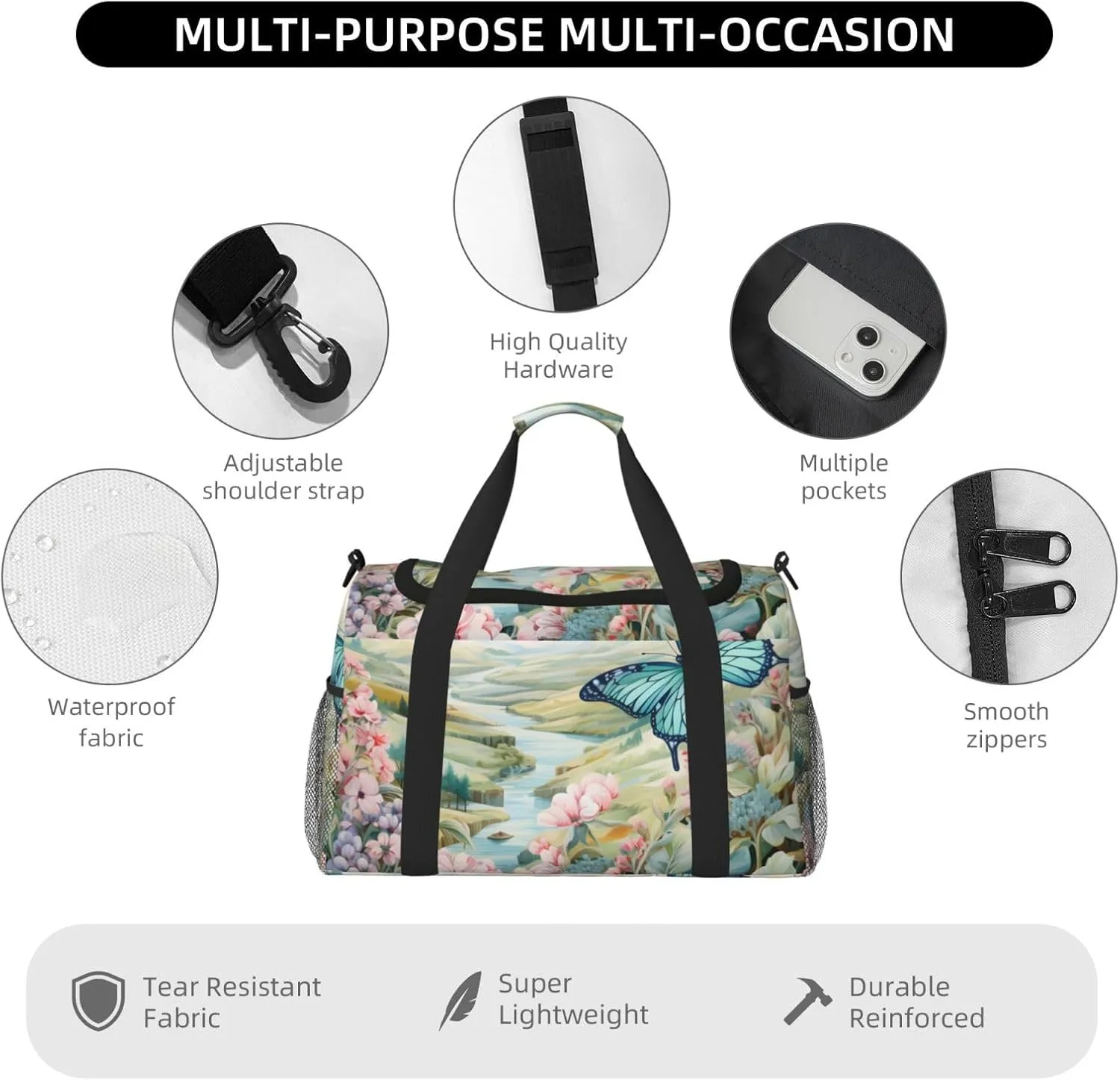 Scenic River Flower Duffle Bag Foldable Travel Tote Bag Carry On Large Weekender Overnight Bags Waterproof Gym Bag For Women Men