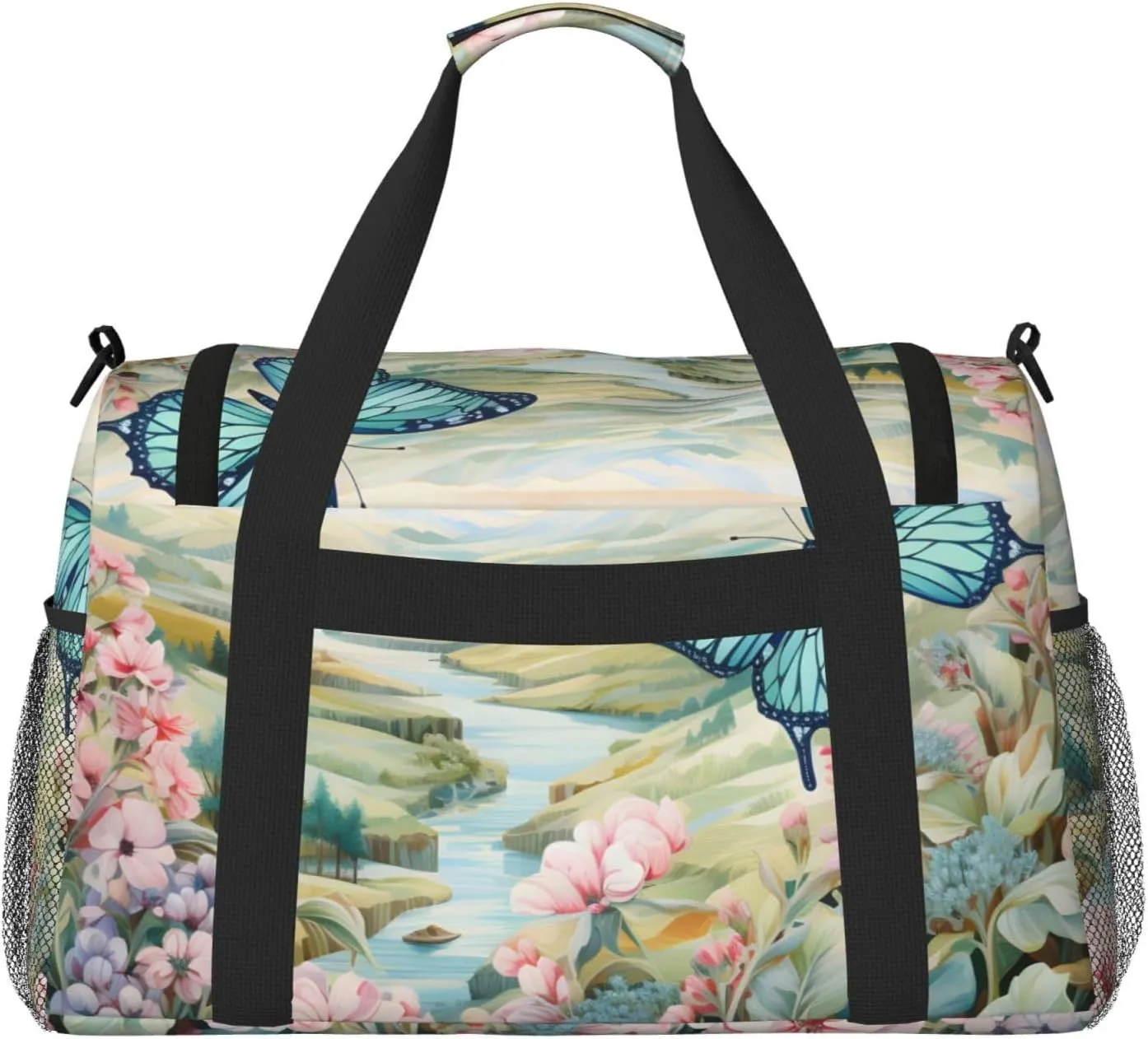 Scenic River Flower Duffle Bag Foldable Travel Tote Bag Carry On Large Weekender Overnight Bags Waterproof Gym Bag For Women Men