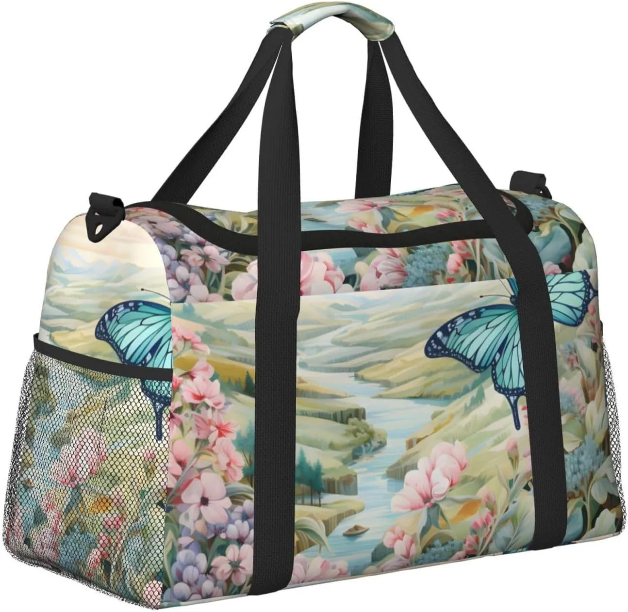 Scenic River Flower Duffle Bag Foldable Travel Tote Bag Carry On Large Weekender Overnight Bags Waterproof Gym Bag For Women Men