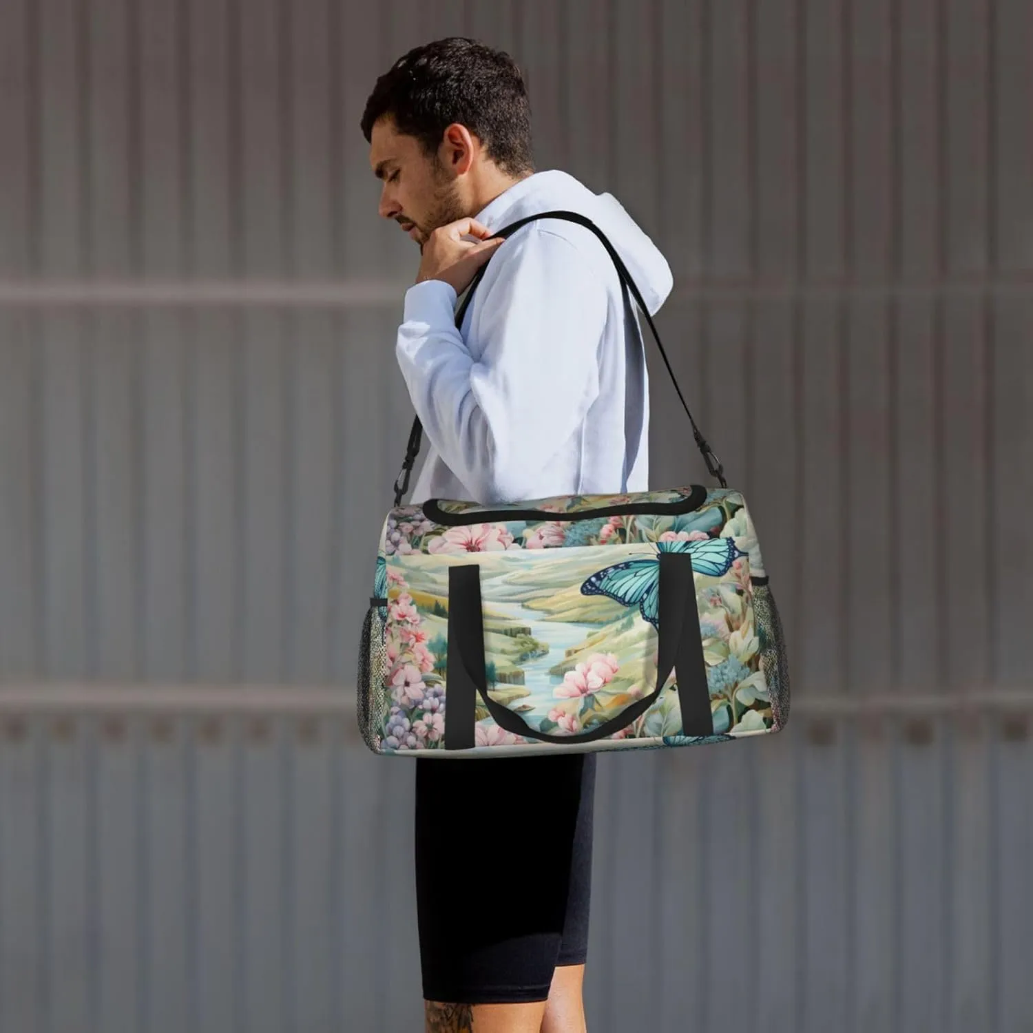 Scenic River Flower Duffle Bag Foldable Travel Tote Bag Carry On Large Weekender Overnight Bags Waterproof Gym Bag For Women Men
