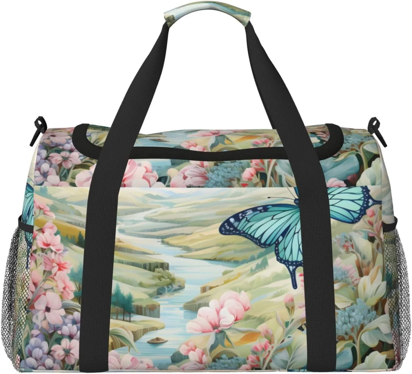 Scenic River Flower Duffle Bag Foldable Travel Tote Bag Carry On Large Weekender Overnight Bags Waterproof Gym Bag For Women Men