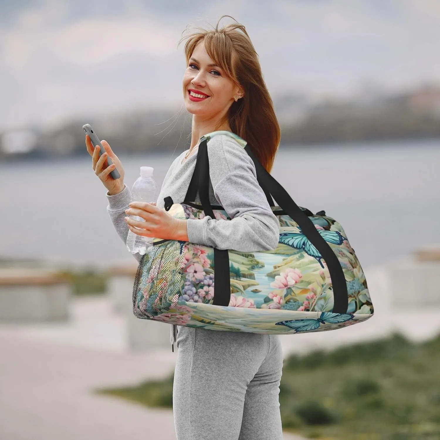 Scenic River Flower Duffle Bag Foldable Travel Tote Bag Carry On Large Weekender Overnight Bags Waterproof Gym Bag For Women Men