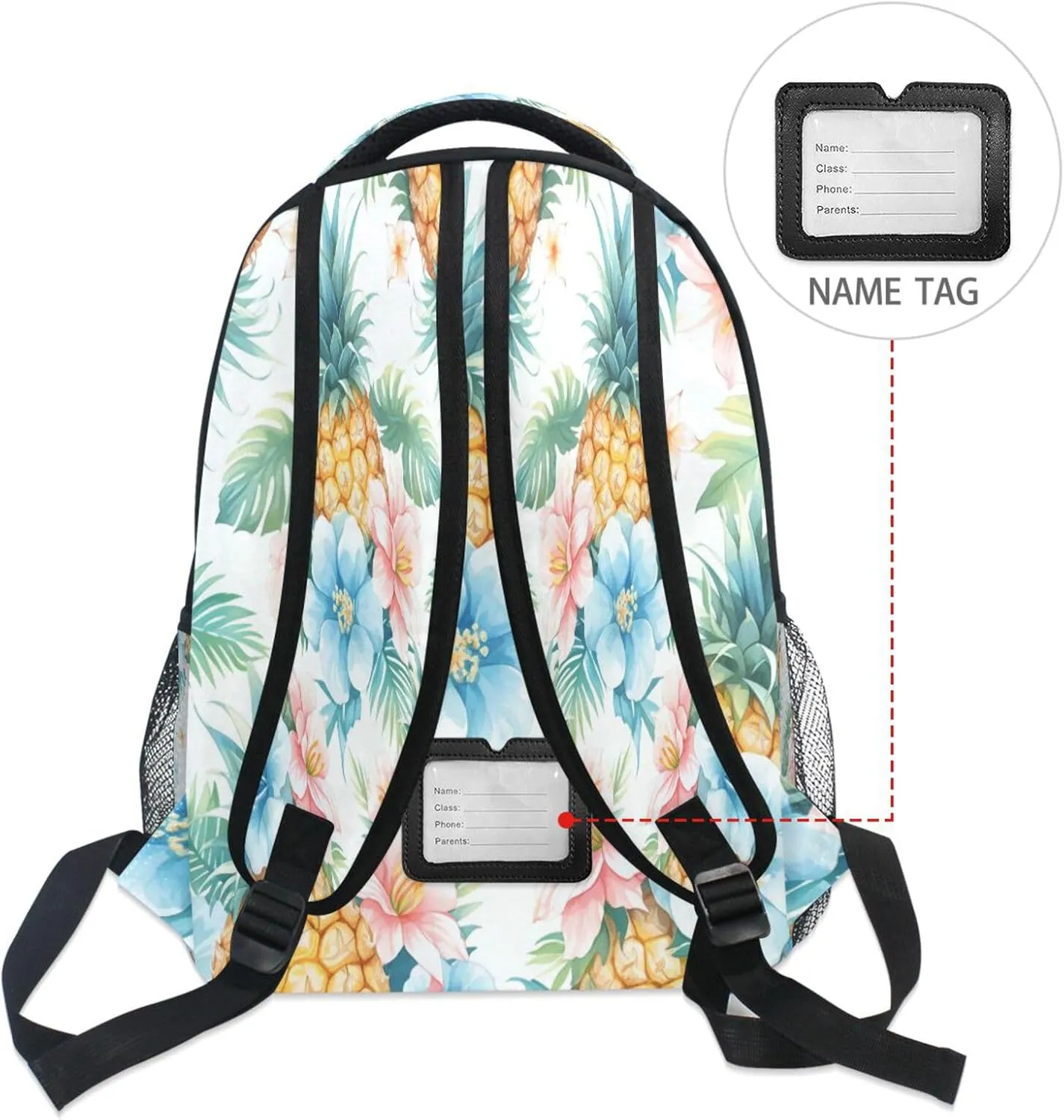 School Backpack for Teenager Waterproof Stylish Travel Bags with Chest Strap for Travel Trip Pineapple Seamless Pattern with Sliced Pineapple and Flowers