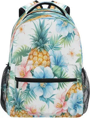 School Backpack for Teenager Waterproof Stylish Travel Bags with Chest Strap for Travel Trip Pineapple Seamless Pattern with Sliced Pineapple and Flowers