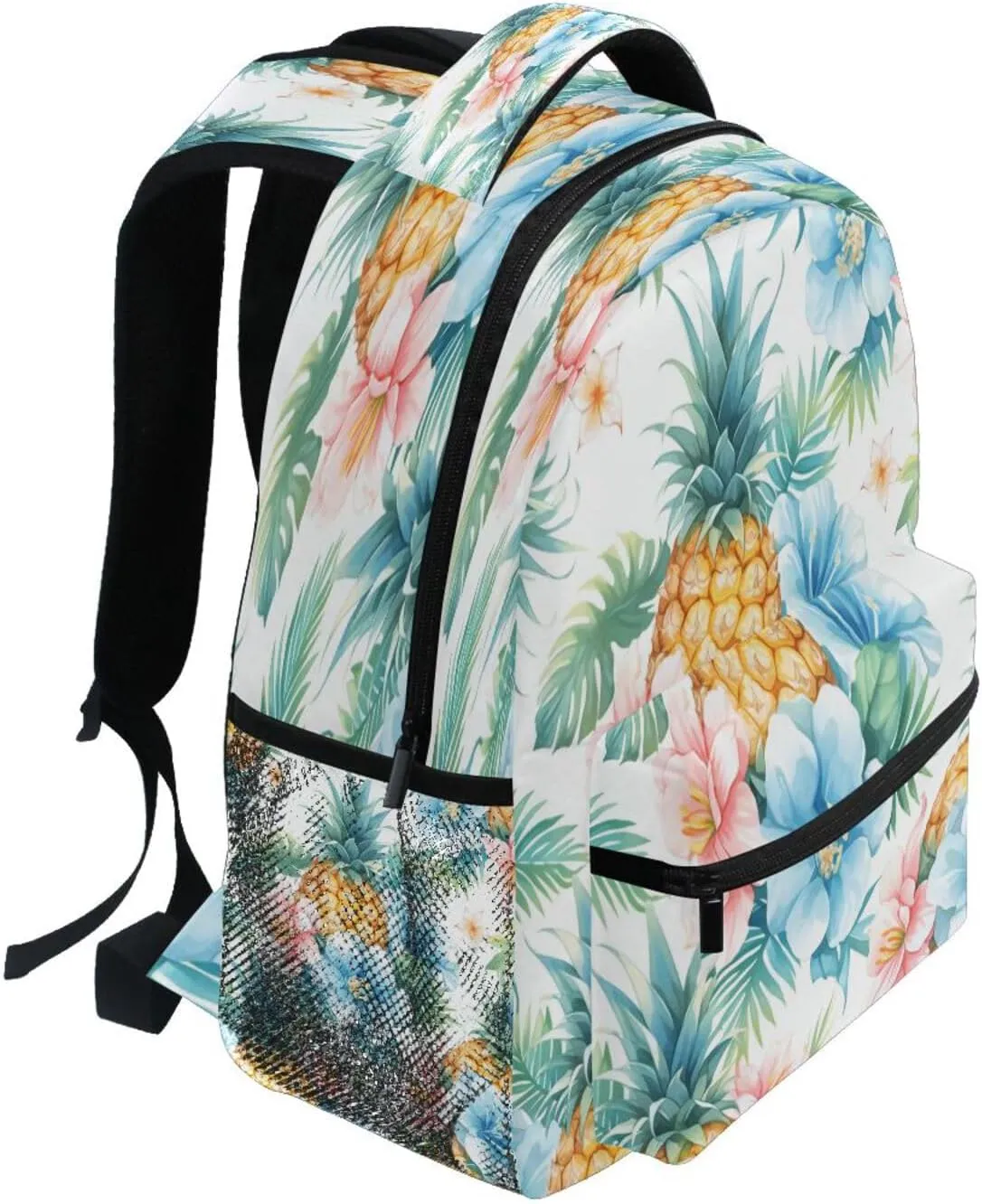 School Backpack for Teenager Waterproof Stylish Travel Bags with Chest Strap for Travel Trip Pineapple Seamless Pattern with Sliced Pineapple and Flowers