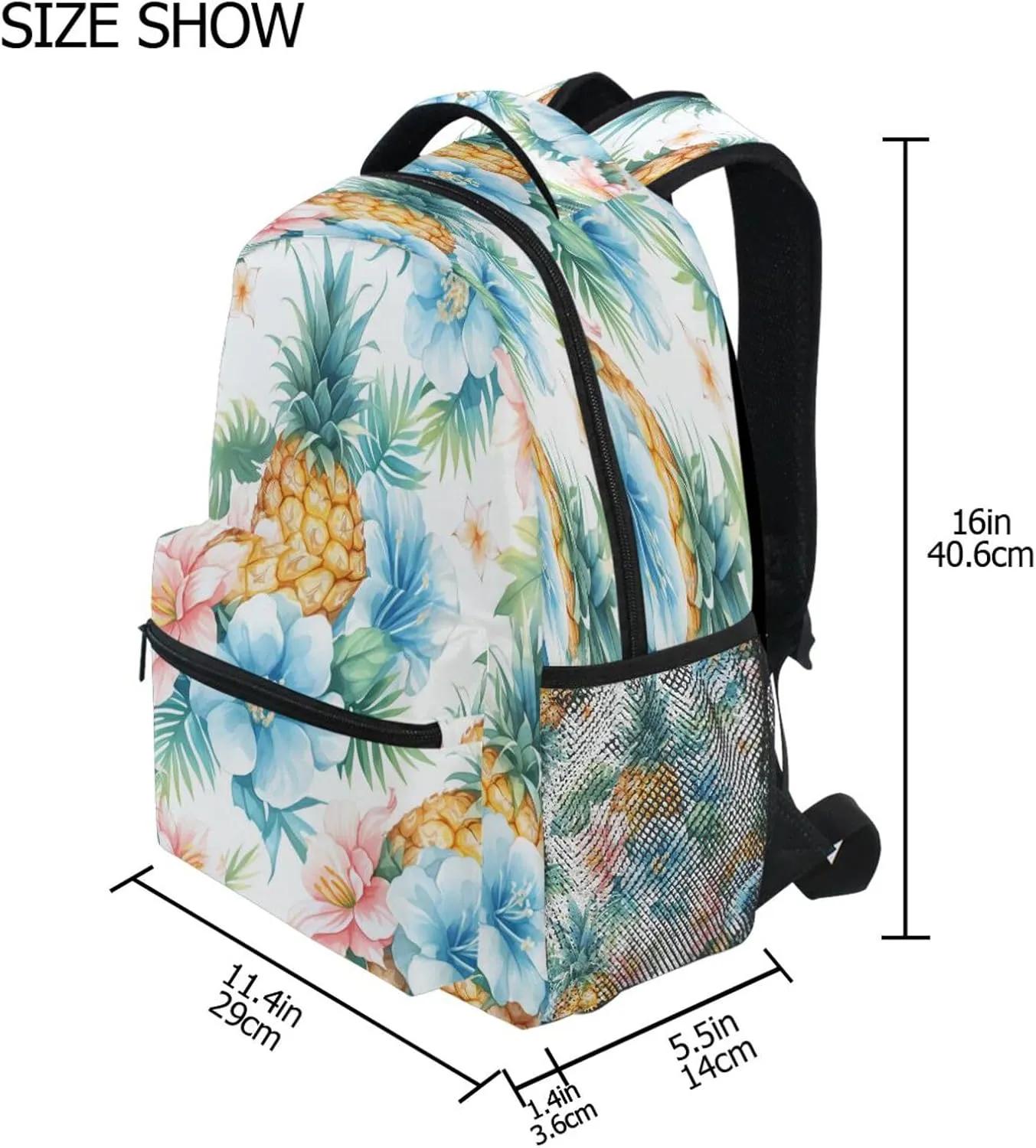 School Backpack for Teenager Waterproof Stylish Travel Bags with Chest Strap for Travel Trip Pineapple Seamless Pattern with Sliced Pineapple and Flowers