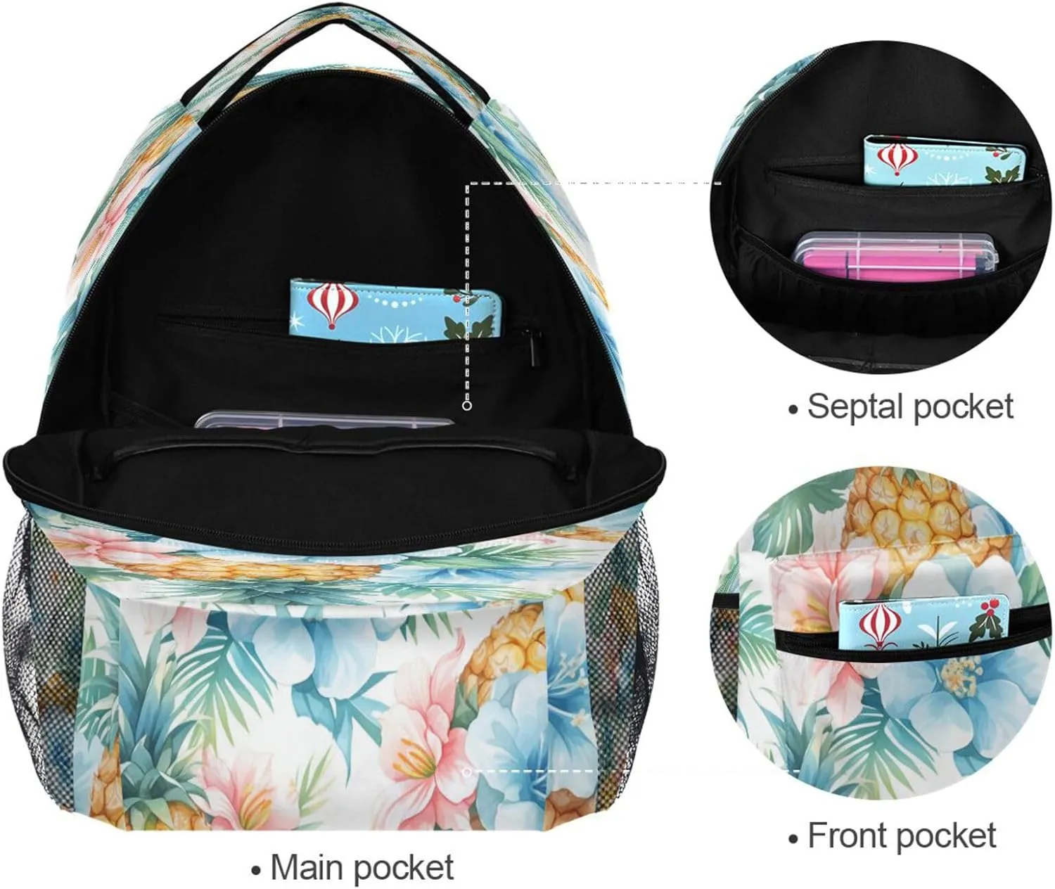 School Backpack for Teenager Waterproof Stylish Travel Bags with Chest Strap for Travel Trip Pineapple Seamless Pattern with Sliced Pineapple and Flowers
