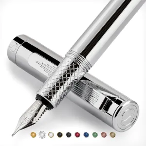 Scriveiner Silver Chrome Fountain Pen (Medium), Award Winning Luxury Pen, Heavy Pocket Pen, Chrome Finish, Schmidt Nib, Converter, Best EDC Writing Pen Gift Set for Men & Women, Nice Office Fancy Pen