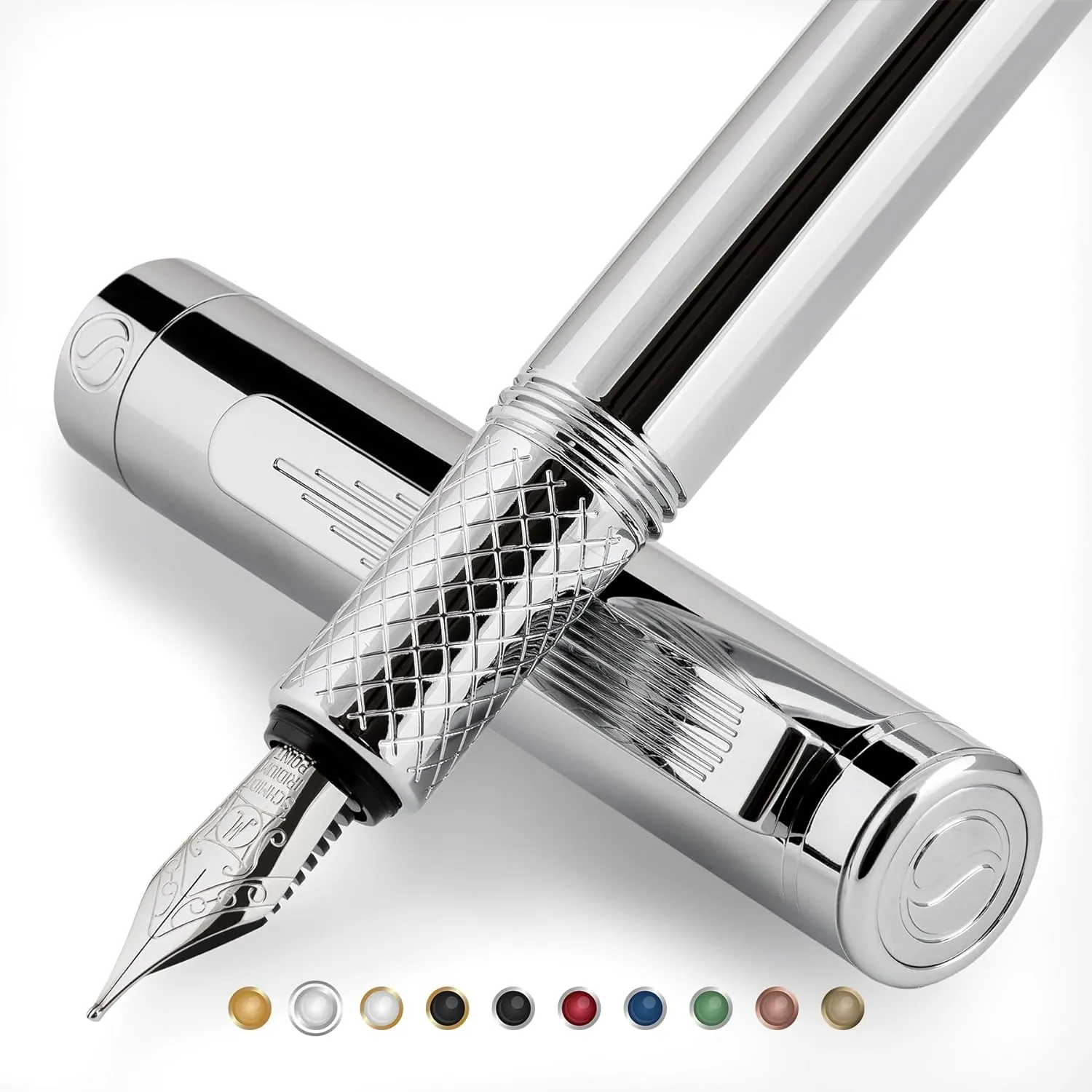 Scriveiner Silver Chrome Fountain Pen (Medium), Award Winning Luxury Pen, Heavy Pocket Pen, Chrome Finish, Schmidt Nib, Converter, Best EDC Writing Pen Gift Set for Men & Women, Nice Office Fancy Pen