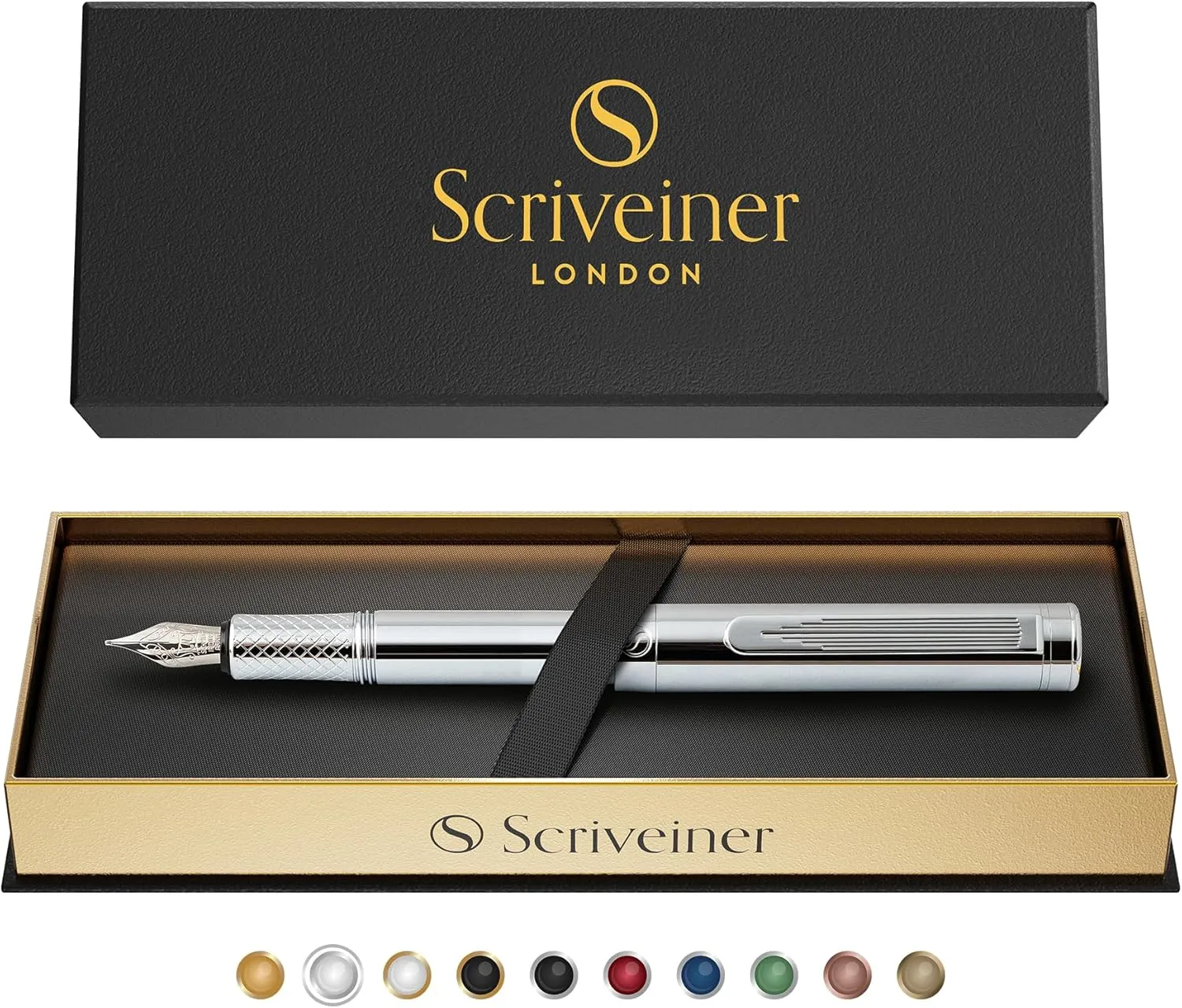 Scriveiner Silver Chrome Fountain Pen (Medium), Award Winning Luxury Pen, Heavy Pocket Pen, Chrome Finish, Schmidt Nib, Converter, Best EDC Writing Pen Gift Set for Men & Women, Nice Office Fancy Pen