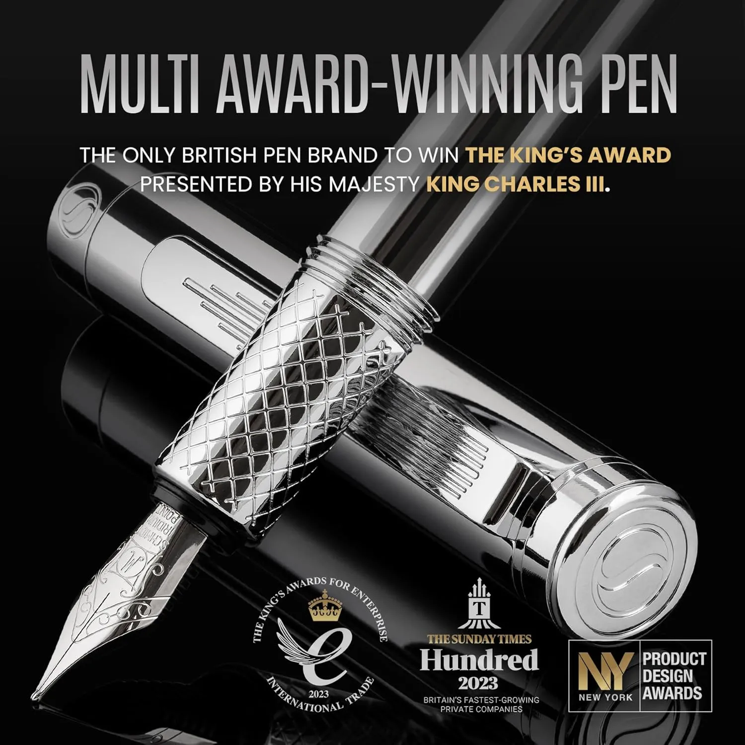 Scriveiner Silver Chrome Fountain Pen (Medium), Award Winning Luxury Pen, Heavy Pocket Pen, Chrome Finish, Schmidt Nib, Converter, Best EDC Writing Pen Gift Set for Men & Women, Nice Office Fancy Pen
