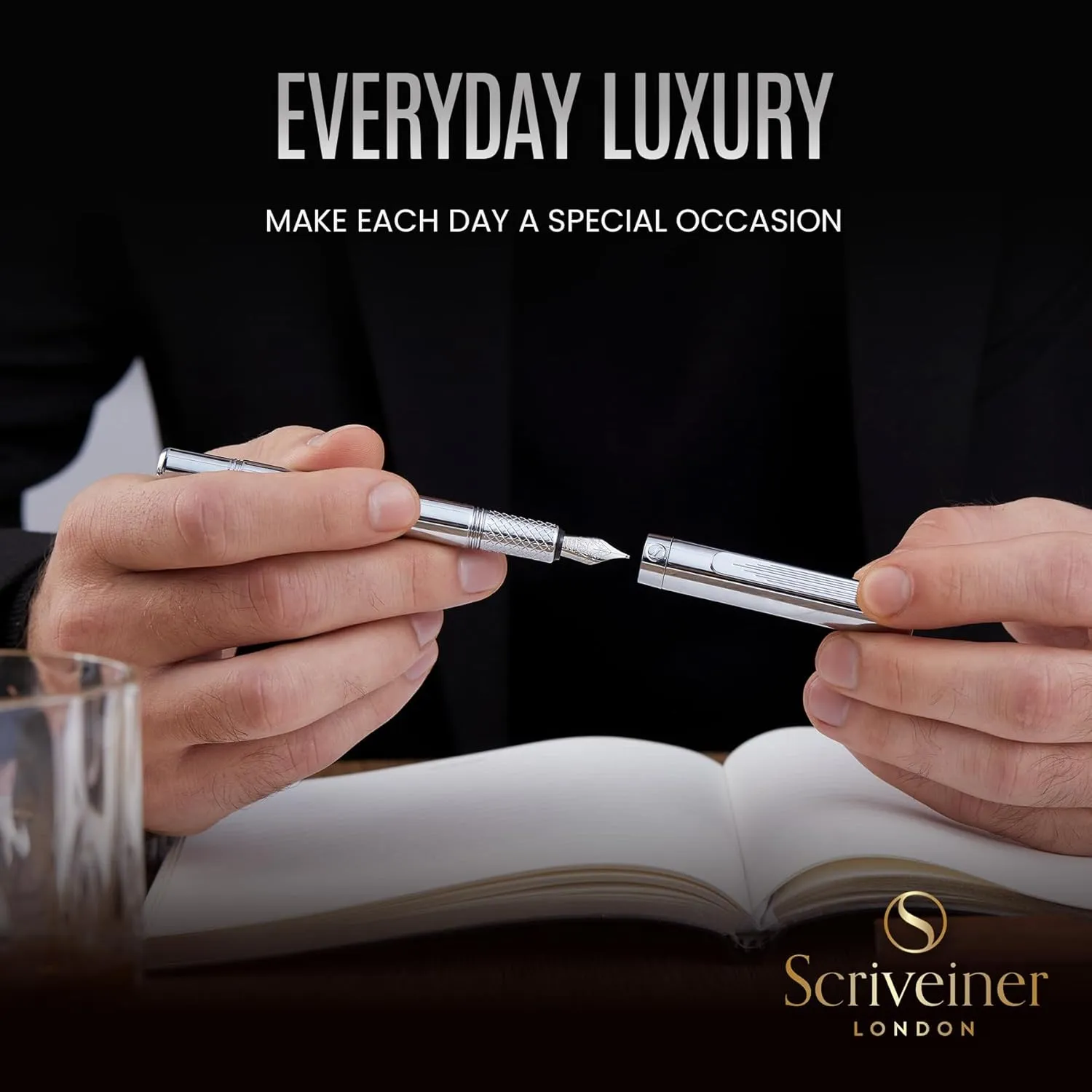 Scriveiner Silver Chrome Fountain Pen (Medium), Award Winning Luxury Pen, Heavy Pocket Pen, Chrome Finish, Schmidt Nib, Converter, Best EDC Writing Pen Gift Set for Men & Women, Nice Office Fancy Pen