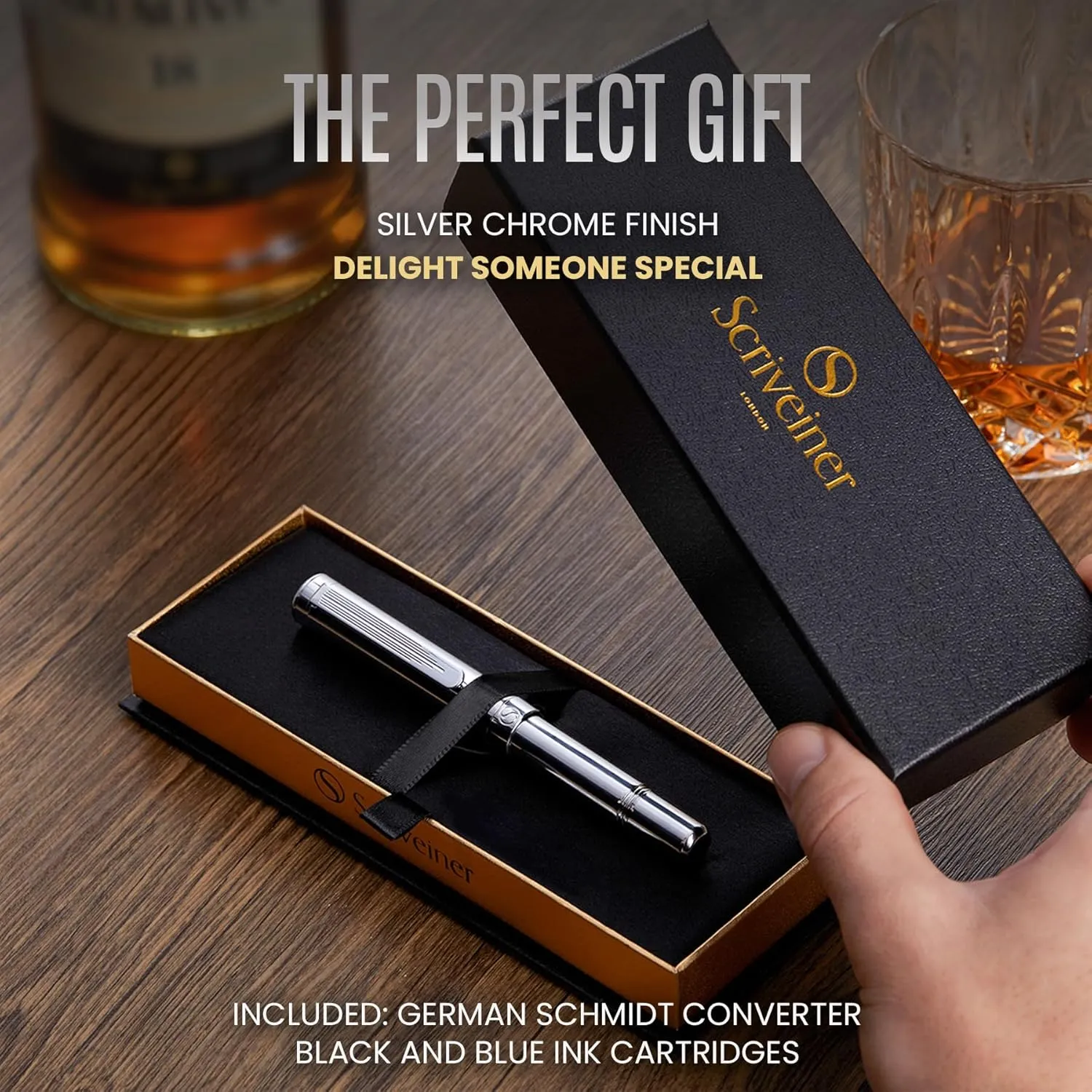 Scriveiner Silver Chrome Fountain Pen (Medium), Award Winning Luxury Pen, Heavy Pocket Pen, Chrome Finish, Schmidt Nib, Converter, Best EDC Writing Pen Gift Set for Men & Women, Nice Office Fancy Pen