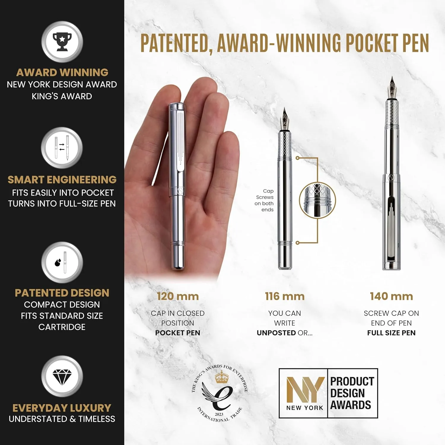 Scriveiner Silver Chrome Fountain Pen (Medium), Award Winning Luxury Pen, Heavy Pocket Pen, Chrome Finish, Schmidt Nib, Converter, Best EDC Writing Pen Gift Set for Men & Women, Nice Office Fancy Pen