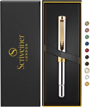 Scriveiner Silver Chrome Rollerball - Award-Winning Heavy Pocket Stunning Luxury Pen, Real Gold Finish, German Schmidt Refill, Best EDC Writing Gift Set for Men & Women, Fancy Designer EDC Roller ball