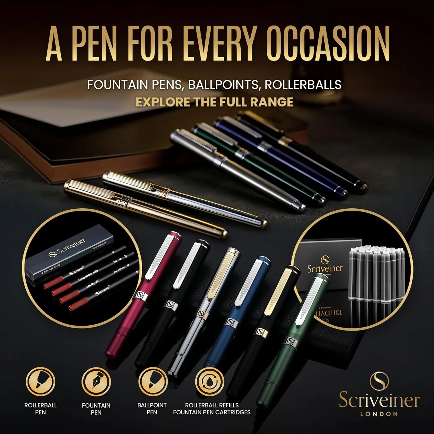 Scriveiner Silver Chrome Rollerball - Award-Winning Heavy Pocket Stunning Luxury Pen, Real Gold Finish, German Schmidt Refill, Best EDC Writing Gift Set for Men & Women, Fancy Designer EDC Roller ball