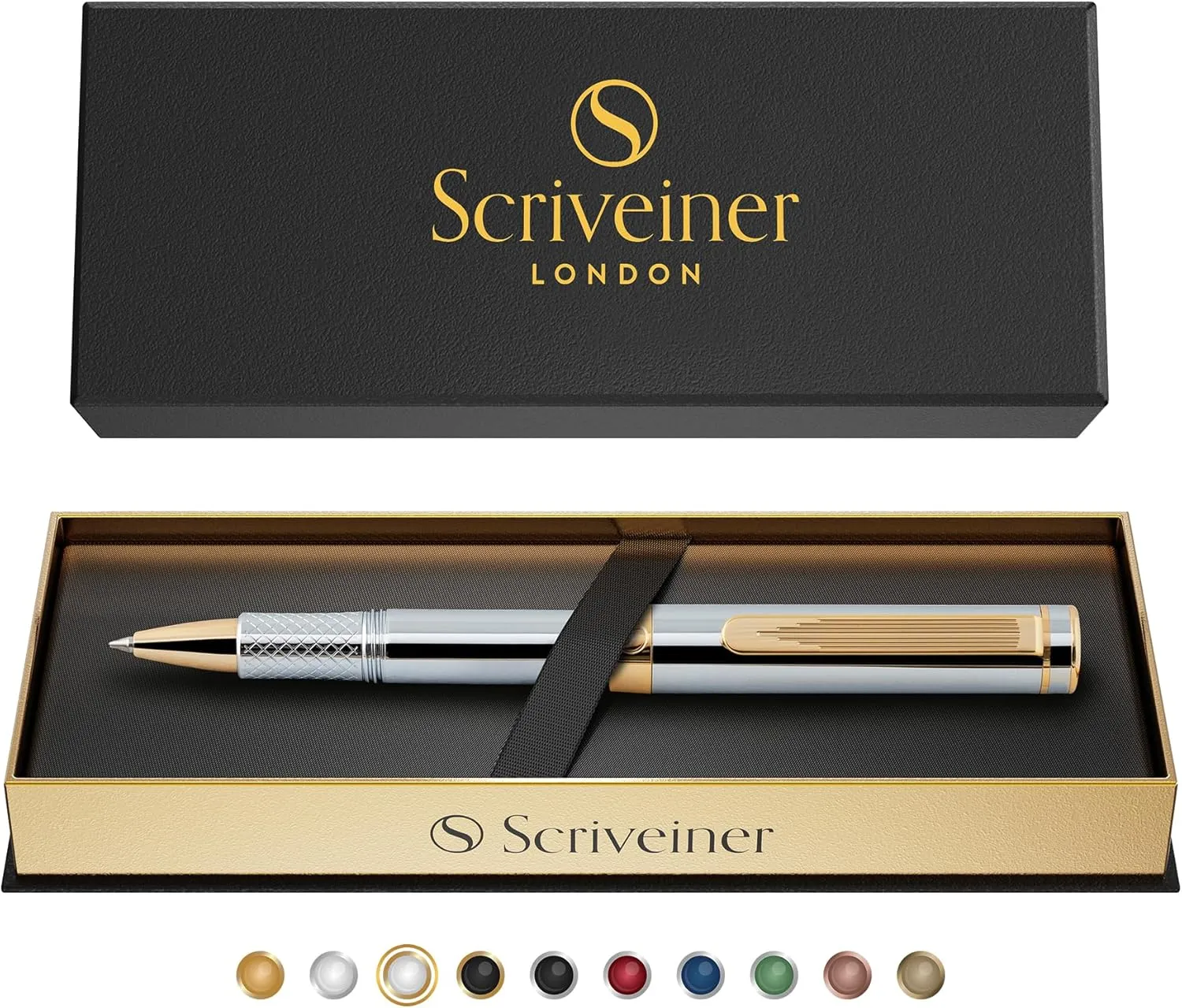 Scriveiner Silver Chrome Rollerball - Award-Winning Heavy Pocket Stunning Luxury Pen, Real Gold Finish, German Schmidt Refill, Best EDC Writing Gift Set for Men & Women, Fancy Designer EDC Roller ball