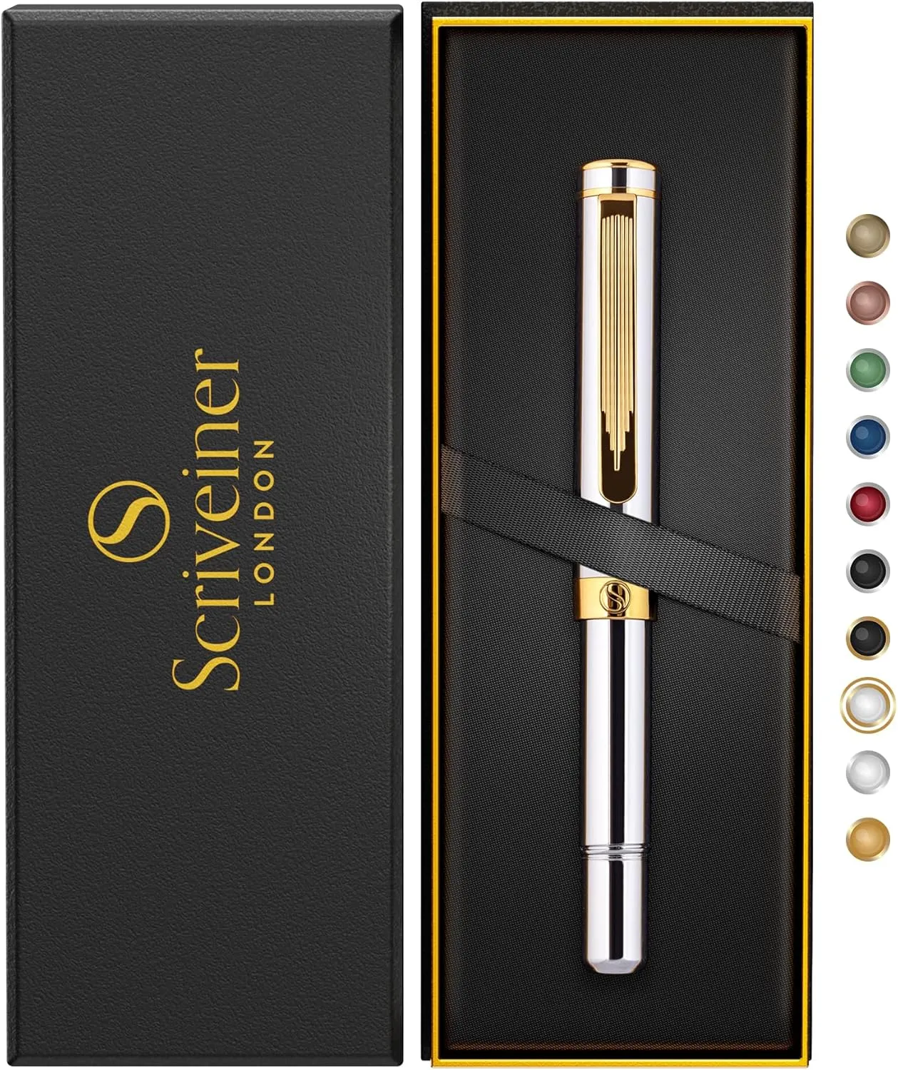 Scriveiner Silver Chrome Rollerball - Award-Winning Heavy Pocket Stunning Luxury Pen, Real Gold Finish, German Schmidt Refill, Best EDC Writing Gift Set for Men & Women, Fancy Designer EDC Roller ball