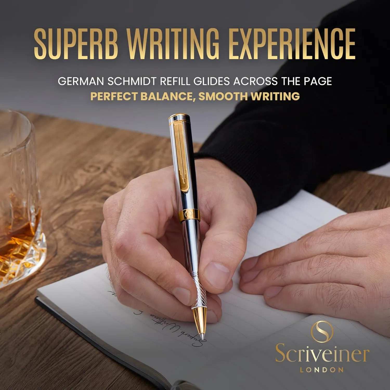Scriveiner Silver Chrome Rollerball - Award-Winning Heavy Pocket Stunning Luxury Pen, Real Gold Finish, German Schmidt Refill, Best EDC Writing Gift Set for Men & Women, Fancy Designer EDC Roller ball