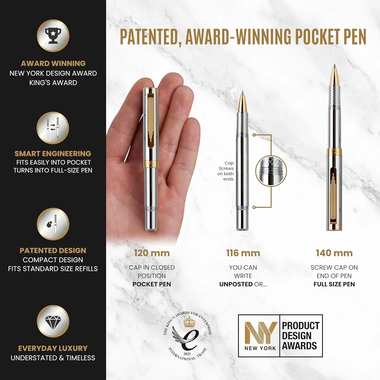 Scriveiner Silver Chrome Rollerball - Award-Winning Heavy Pocket Stunning Luxury Pen, Real Gold Finish, German Schmidt Refill, Best EDC Writing Gift Set for Men & Women, Fancy Designer EDC Roller ball