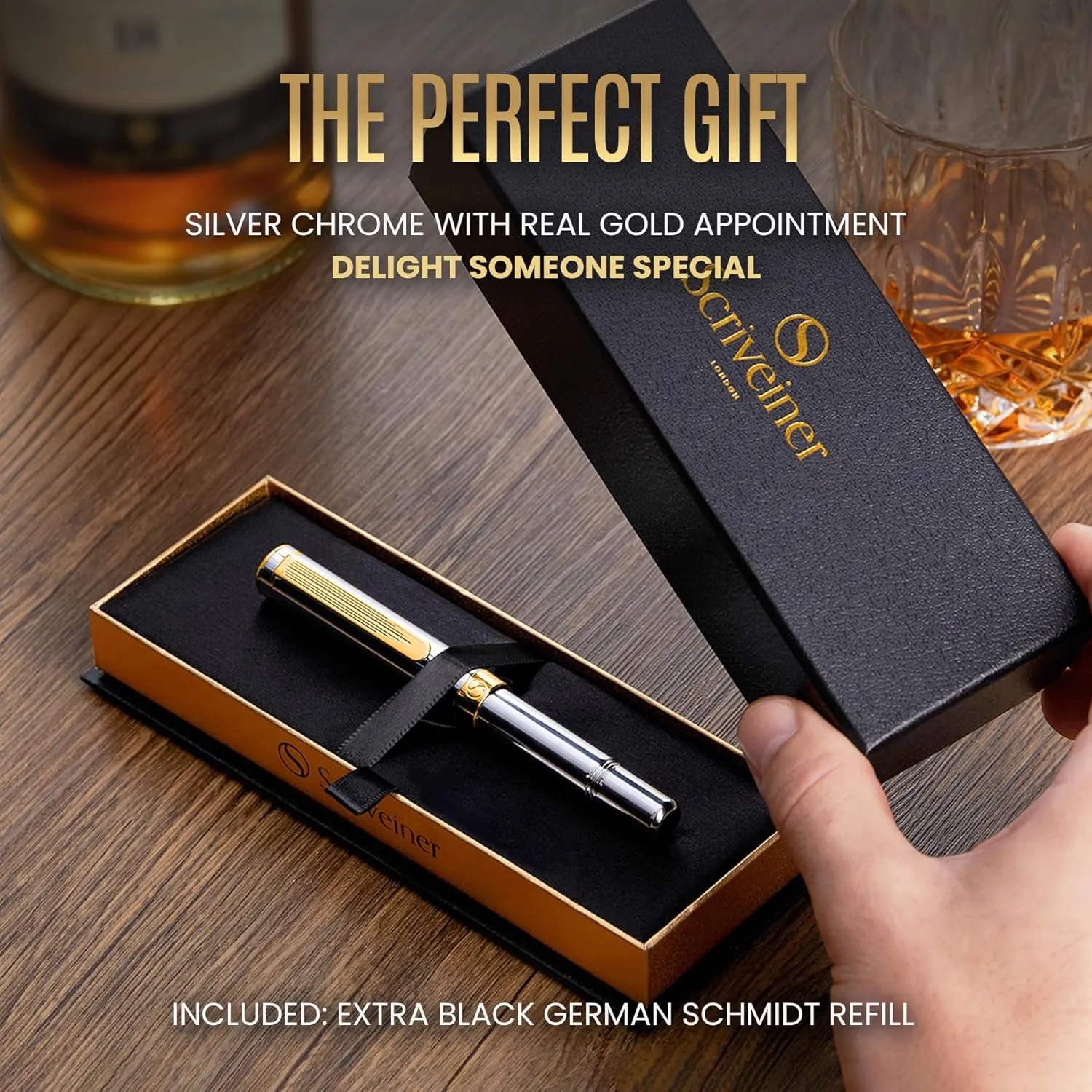 Scriveiner Silver Chrome Rollerball - Award-Winning Heavy Pocket Stunning Luxury Pen, Real Gold Finish, German Schmidt Refill, Best EDC Writing Gift Set for Men & Women, Fancy Designer EDC Roller ball