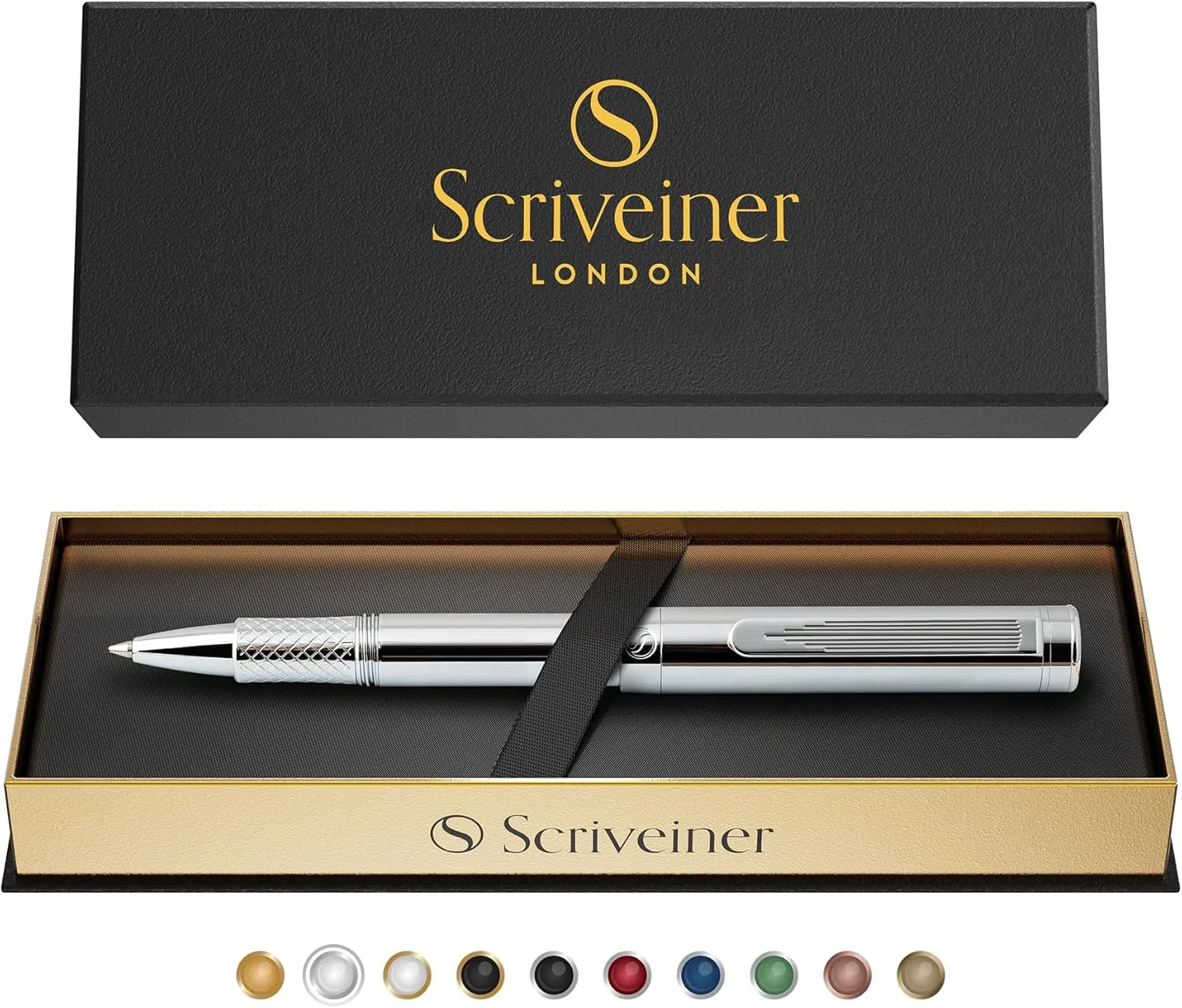 Scriveiner Silver Chrome Rollerball, Award Winning Luxury Pocket Pen with Chrome Finish, German Schmidt Refill, Best EDC Writing Instrument Gift Set for Men & Women, Fancy Office Pen