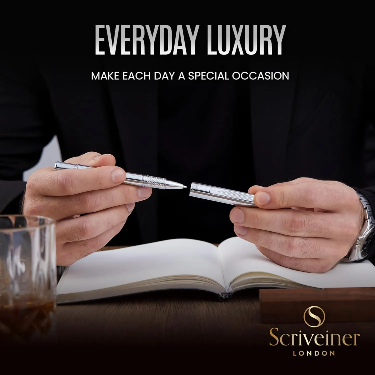 Scriveiner Silver Chrome Rollerball, Award Winning Luxury Pocket Pen with Chrome Finish, German Schmidt Refill, Best EDC Writing Instrument Gift Set for Men & Women, Fancy Office Pen
