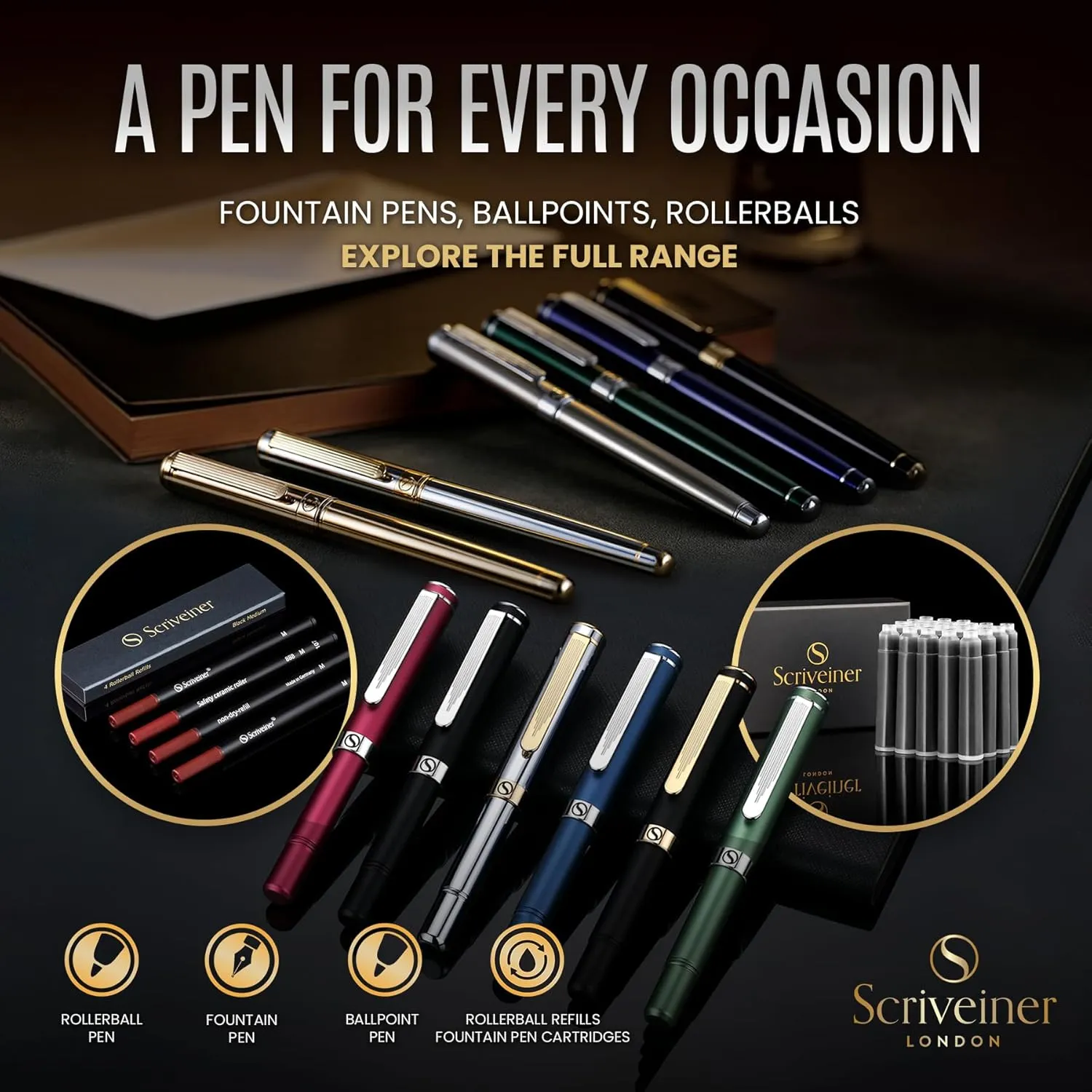 Scriveiner Silver Chrome Rollerball, Award Winning Luxury Pocket Pen with Chrome Finish, German Schmidt Refill, Best EDC Writing Instrument Gift Set for Men & Women, Fancy Office Pen