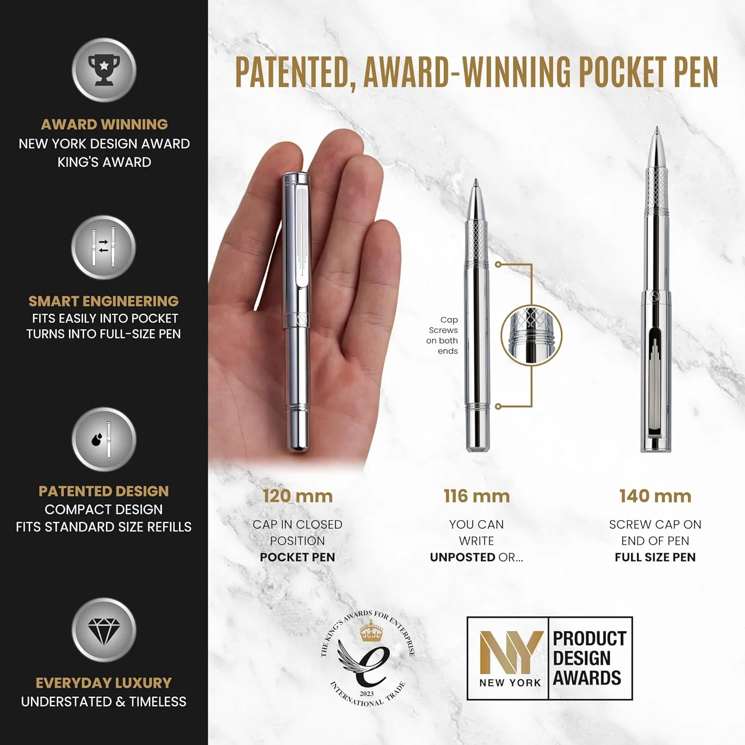 Scriveiner Silver Chrome Rollerball, Award Winning Luxury Pocket Pen with Chrome Finish, German Schmidt Refill, Best EDC Writing Instrument Gift Set for Men & Women, Fancy Office Pen