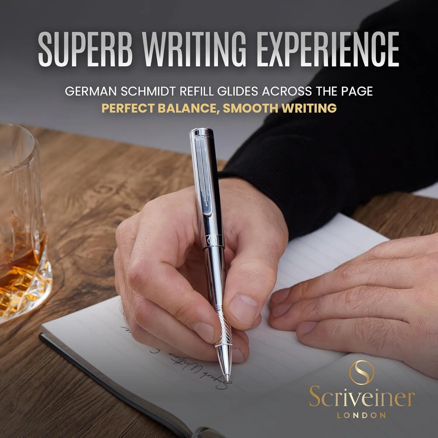 Scriveiner Silver Chrome Rollerball, Award Winning Luxury Pocket Pen with Chrome Finish, German Schmidt Refill, Best EDC Writing Instrument Gift Set for Men & Women, Fancy Office Pen