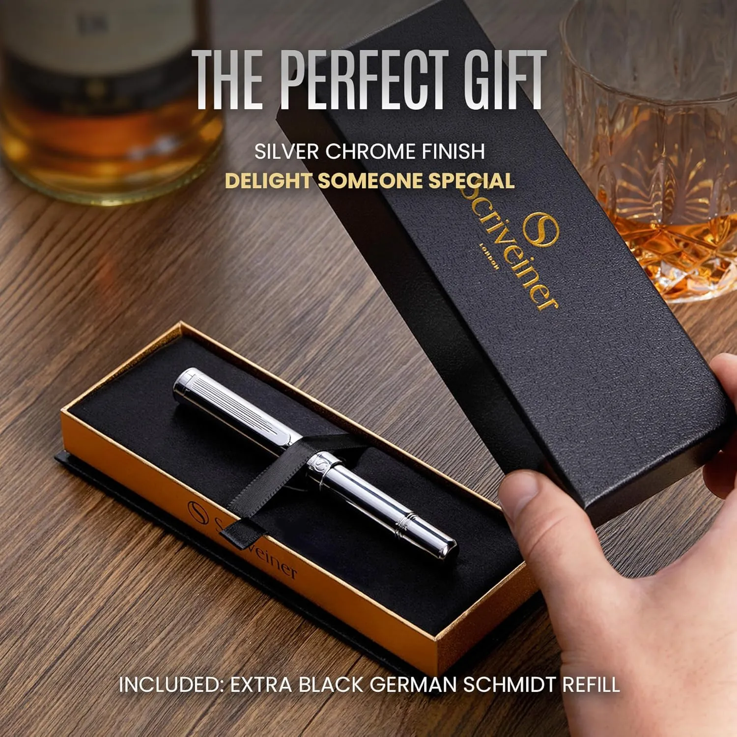 Scriveiner Silver Chrome Rollerball, Award Winning Luxury Pocket Pen with Chrome Finish, German Schmidt Refill, Best EDC Writing Instrument Gift Set for Men & Women, Fancy Office Pen