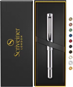 Scriveiner Silver Chrome Rollerball, Award Winning Luxury Pocket Pen with Chrome Finish, German Schmidt Refill, Best EDC Writing Instrument Gift Set for Men & Women, Fancy Office Pen