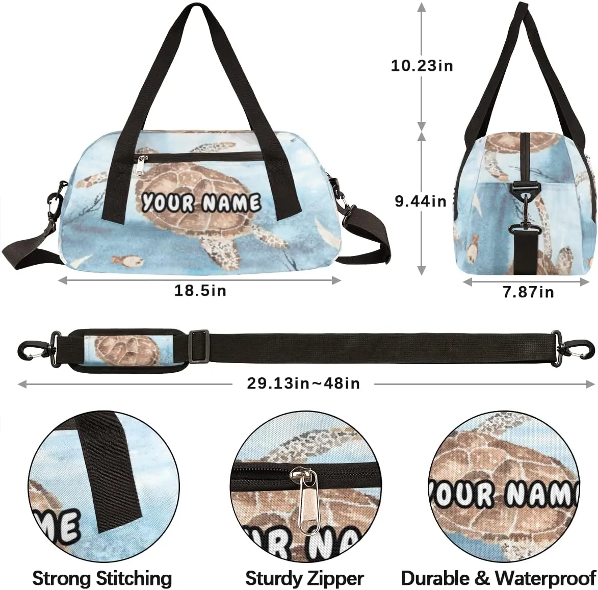 Sea Turtle Starfish Personalized Kids Duffel Bag for Girls Boys, Sea Turtle Debris Custom Name Dance Bag Overnight Small Duffel Bag Carry On Sports Travel Bag for School Practice Gymnastics Ballet