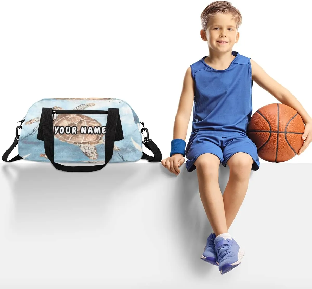 Sea Turtle Starfish Personalized Kids Duffel Bag for Girls Boys, Sea Turtle Debris Custom Name Dance Bag Overnight Small Duffel Bag Carry On Sports Travel Bag for School Practice Gymnastics Ballet