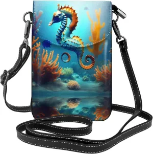 Seabed coral seahorse Pattern Leather Crossbody Flap Phone Bag - Versatile Gift for Women Walking, Camping, Shopping, and Travel