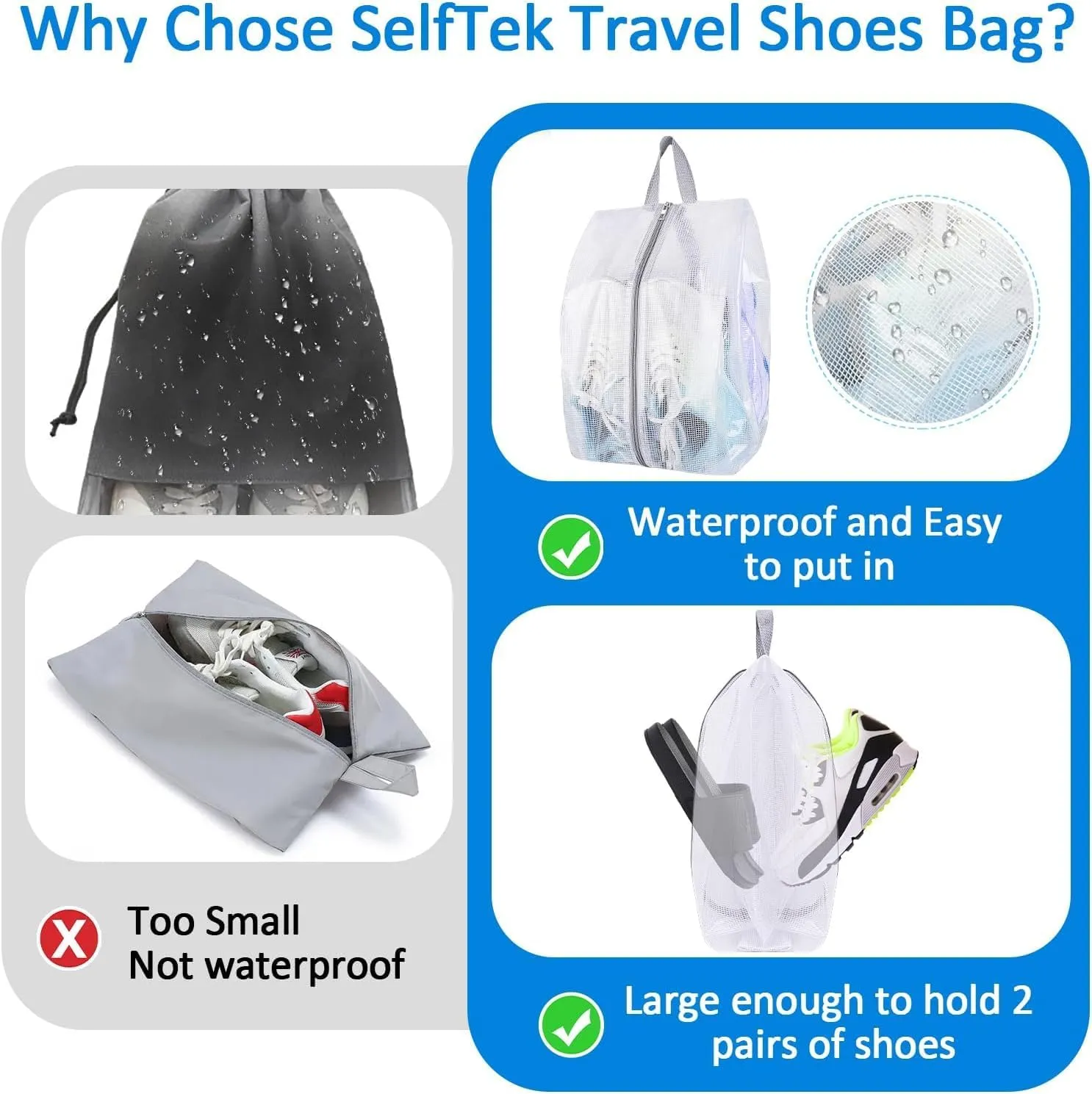 SelfTek Shoe Bags for Travel, 3 Pack 3 Size Double-Sided Zipper Shoe Bag for Men & Women & Children, Waterproof Portable Shoe Storage Pouch with Handle, Family Travel Accessories
