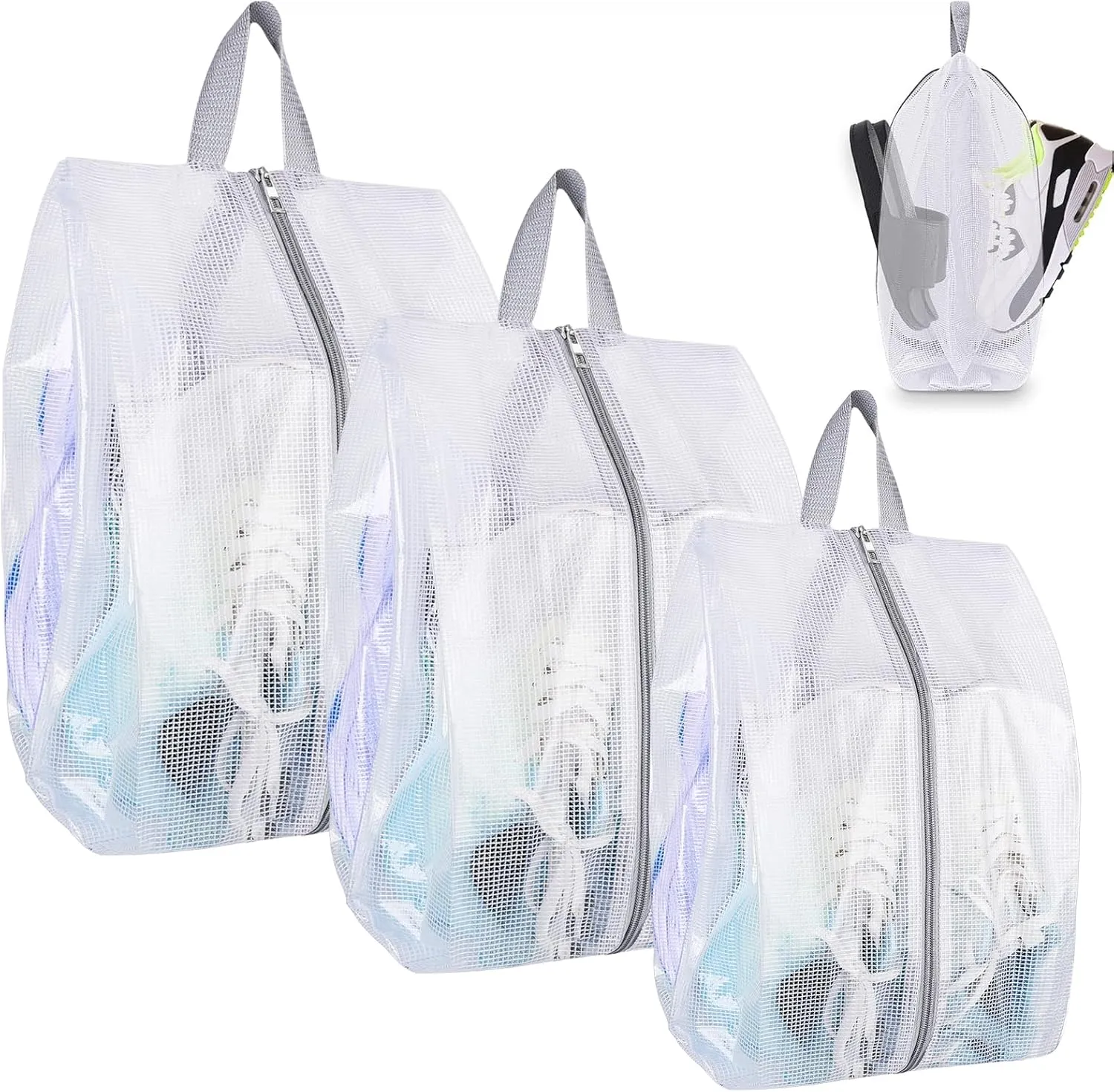 SelfTek Shoe Bags for Travel, 3 Pack 3 Size Double-Sided Zipper Shoe Bag for Men & Women & Children, Waterproof Portable Shoe Storage Pouch with Handle, Family Travel Accessories
