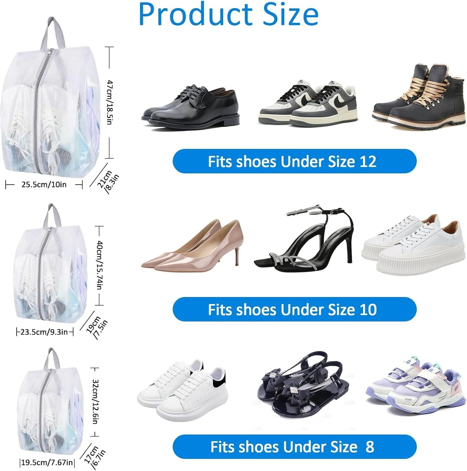 SelfTek Shoe Bags for Travel, 3 Pack 3 Size Double-Sided Zipper Shoe Bag for Men & Women & Children, Waterproof Portable Shoe Storage Pouch with Handle, Family Travel Accessories