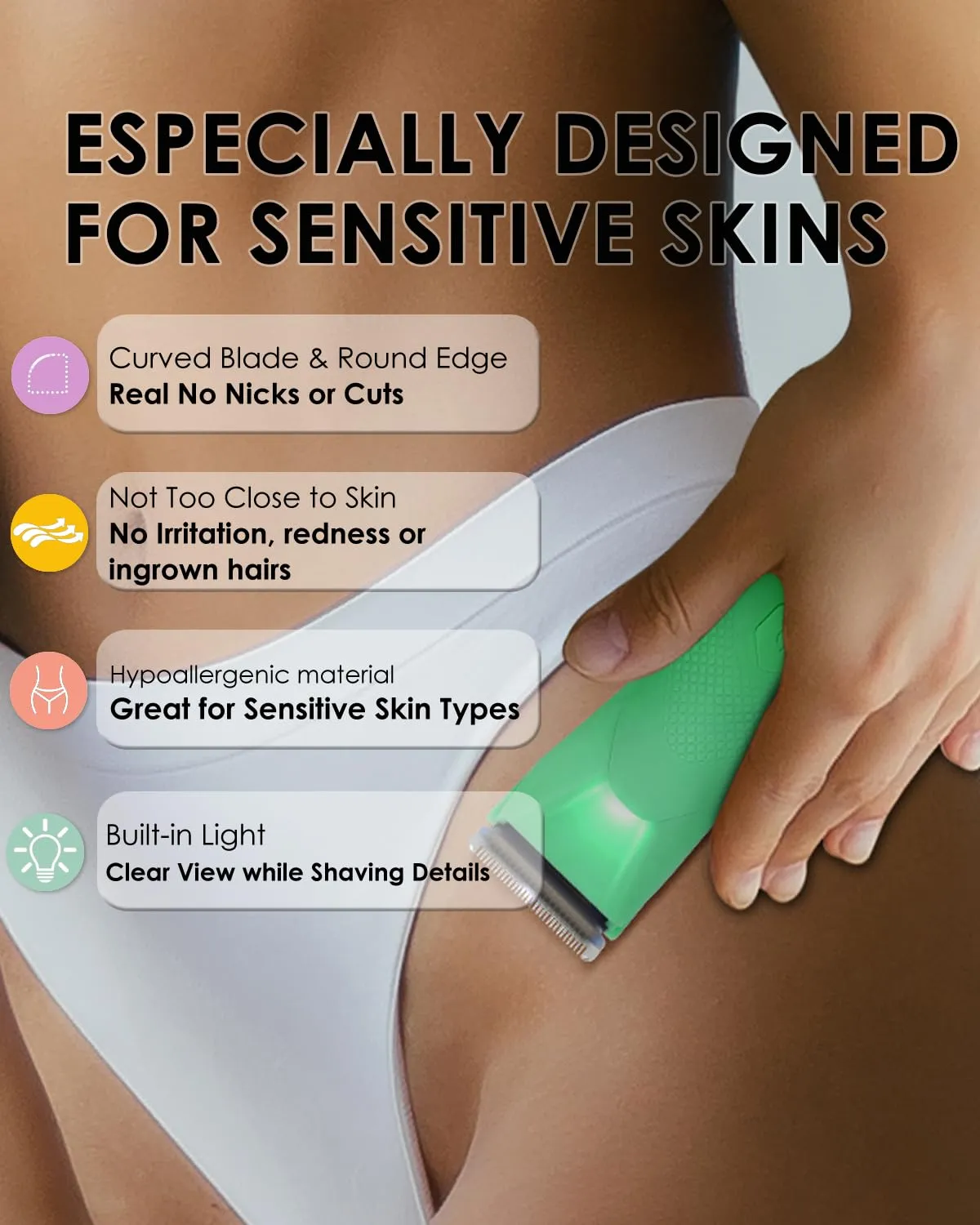 Sensitive Skin Personal Pubic Hair Trimmer for Women and Men, Electric Manscape/Bikini Trimmer, Waterproof Groin Trimmer for Body Hair, with Light, Travel Size, 6 Precisions