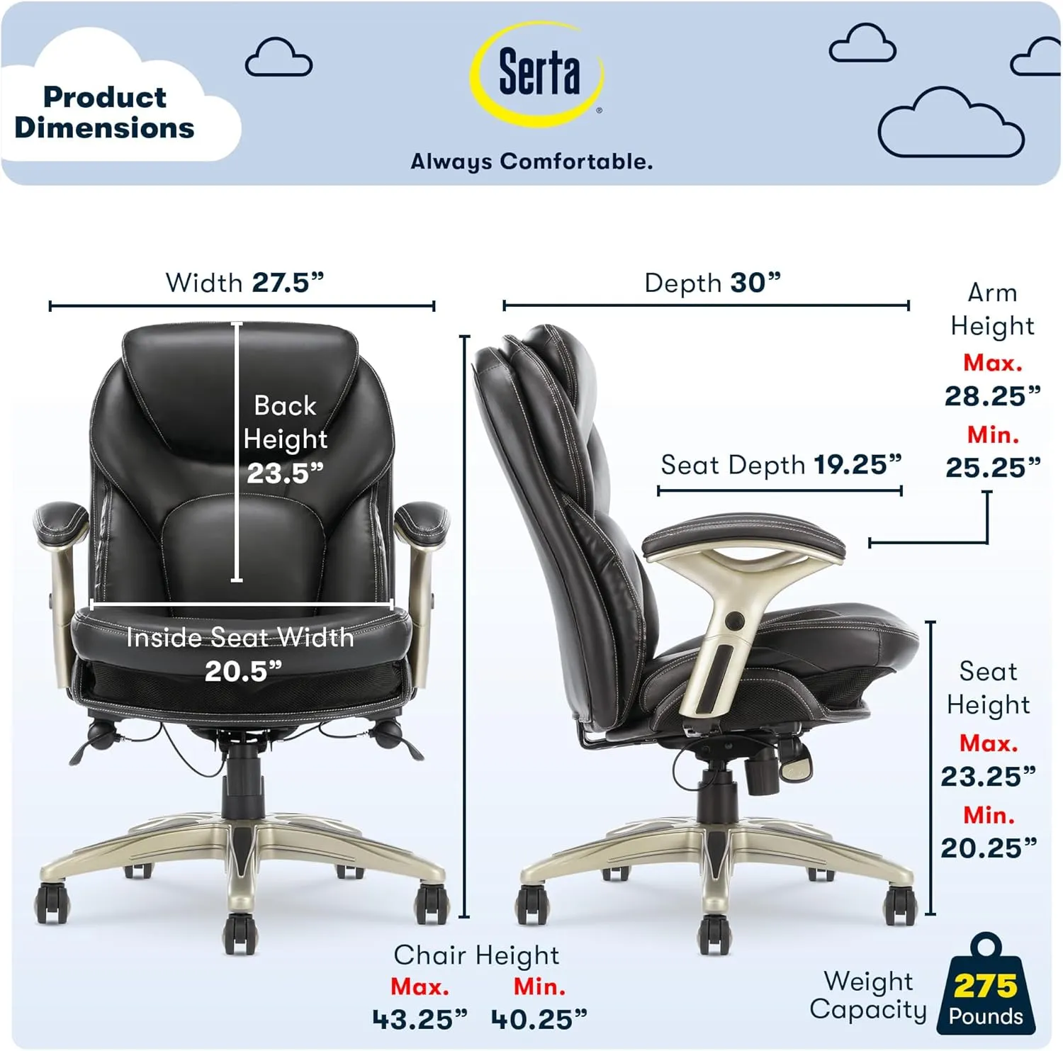 Serta Claremont Ergonomic Executive Office Chair with Back in Motion Technology, Adjustable Mid Back Desk Chair with Lumbar Support, Bonded Leather, Black