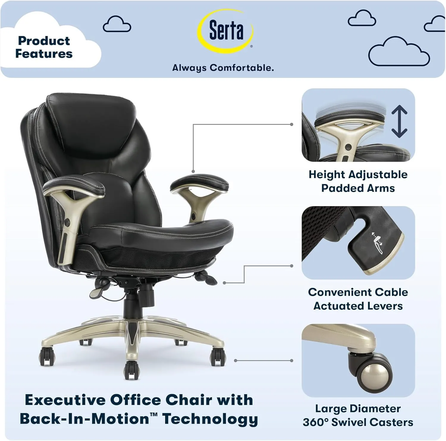 Serta Claremont Ergonomic Executive Office Chair with Back in Motion Technology, Adjustable Mid Back Desk Chair with Lumbar Support, Bonded Leather, Black