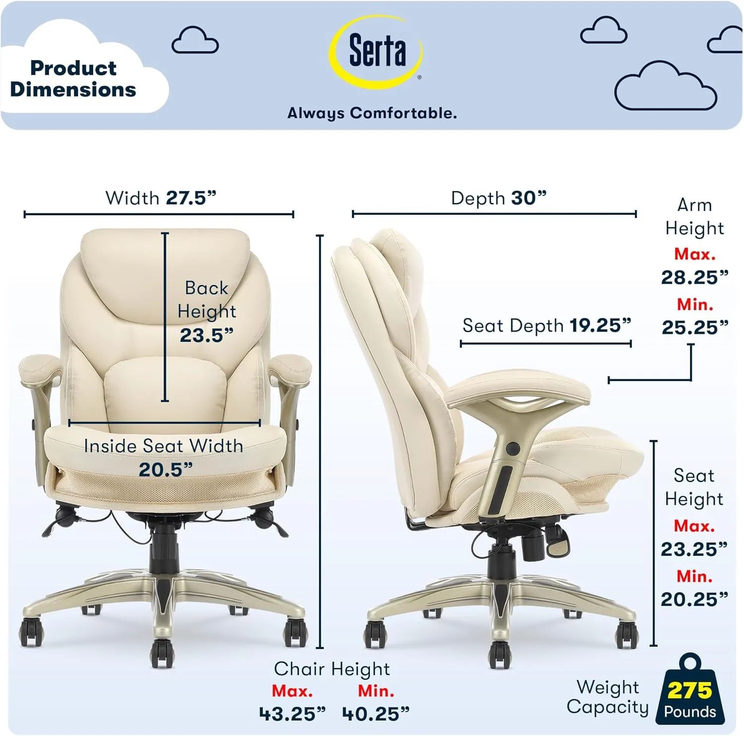 Serta Claremont Ergonomic Executive Office Chair with Back in Motion Technology, Adjustable Mid Back Desk Chair with Lumbar Support, Bonded Leather, Ivory White