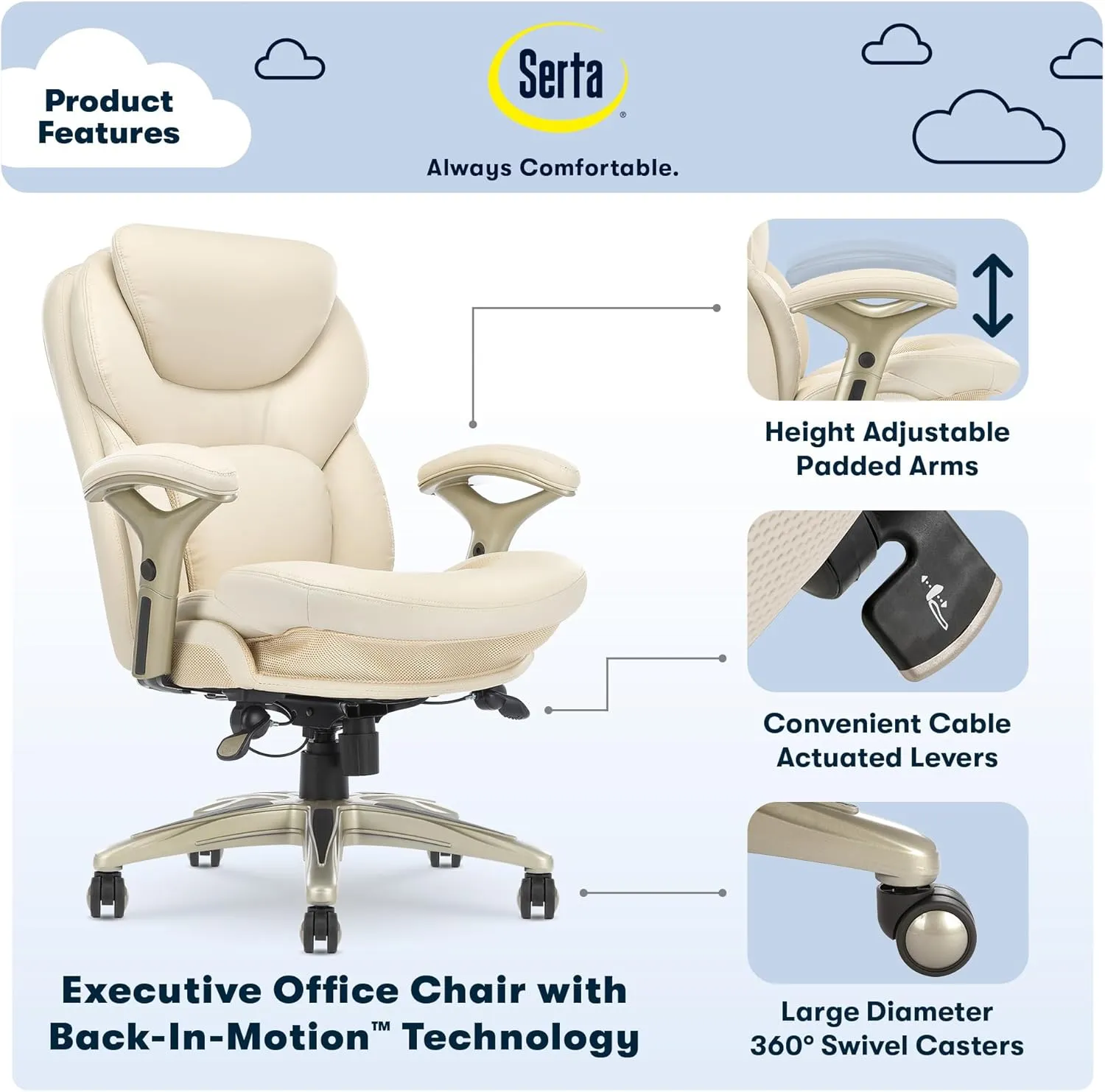 Serta Claremont Ergonomic Executive Office Chair with Back in Motion Technology, Adjustable Mid Back Desk Chair with Lumbar Support, Bonded Leather, Ivory White
