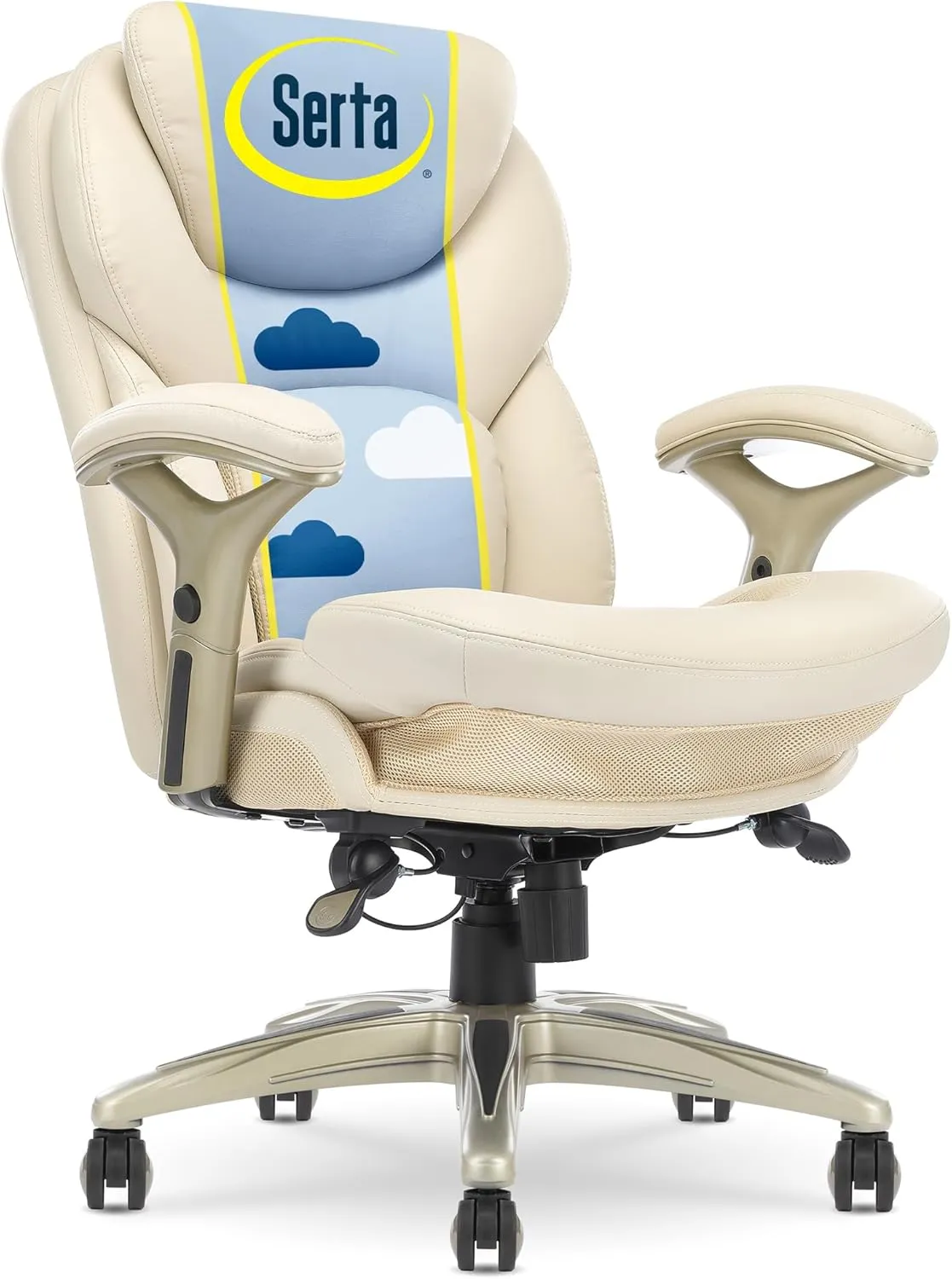 Serta Claremont Ergonomic Executive Office Chair with Back in Motion Technology, Adjustable Mid Back Desk Chair with Lumbar Support, Bonded Leather, Ivory White