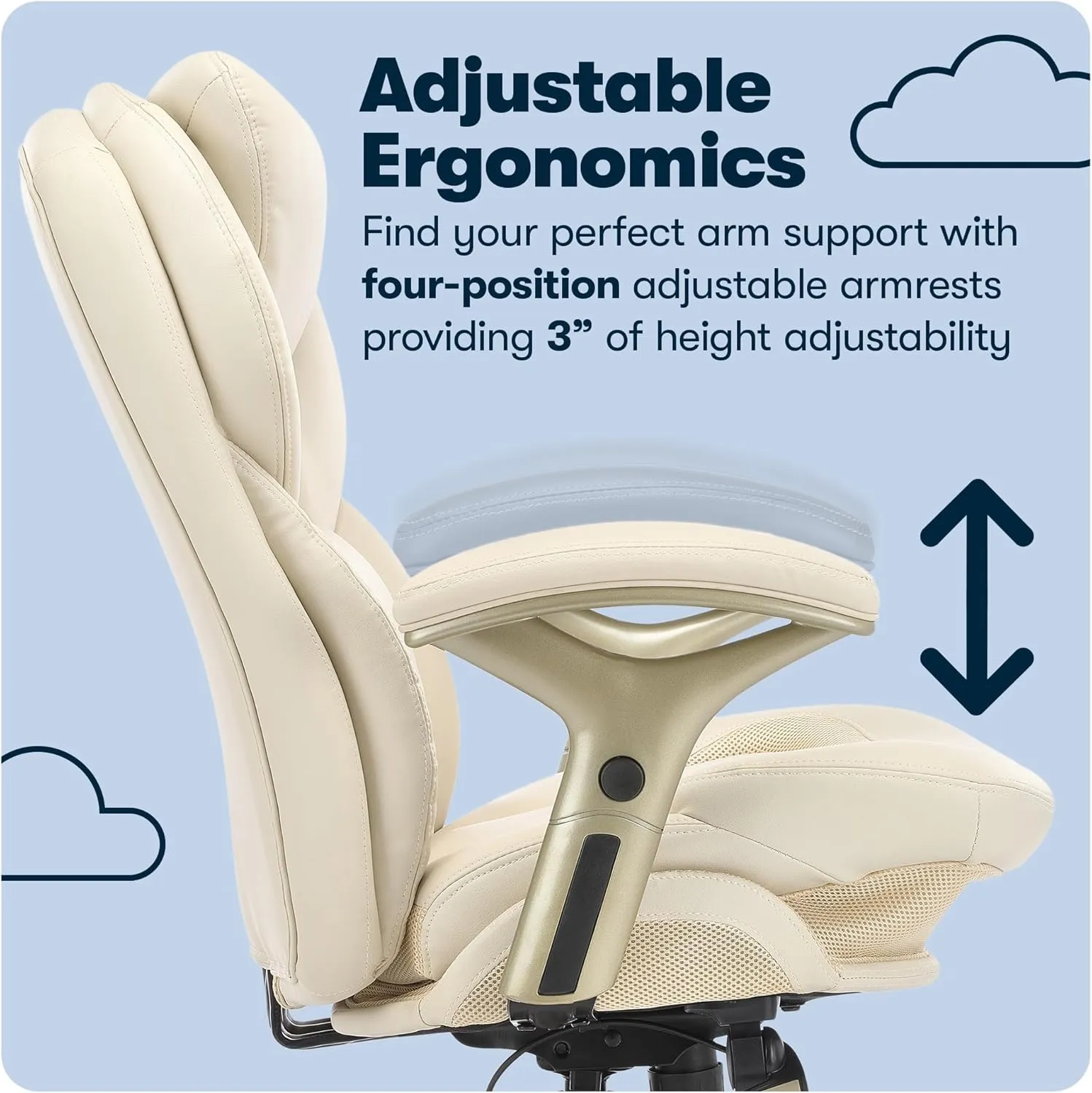 Serta Claremont Ergonomic Executive Office Chair with Back in Motion Technology, Adjustable Mid Back Desk Chair with Lumbar Support, Bonded Leather, Ivory White