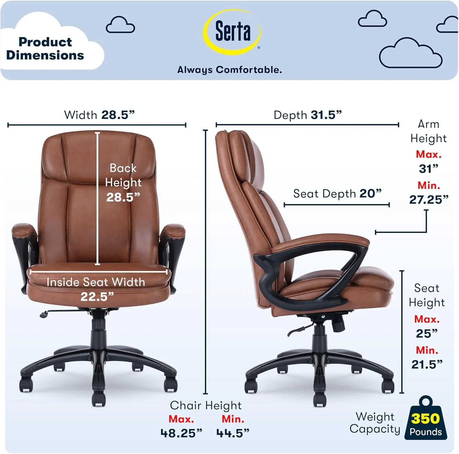 Serta Fairbanks Big and Tall High Back Executive Office Chair, Ergonomic Gaming Computer Chair with Layered Body Pillows, Contoured Lumbar Zone, Cognac