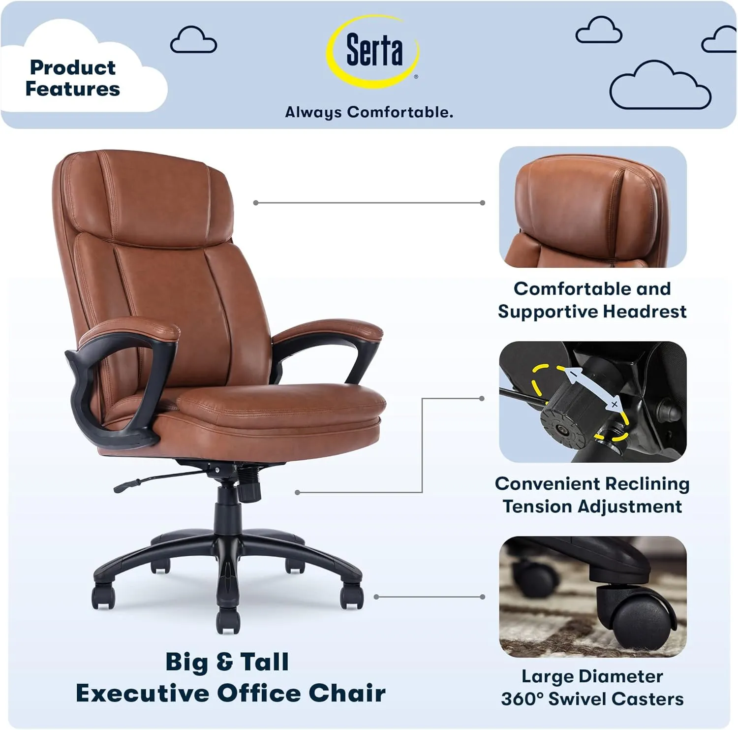 Serta Fairbanks Big and Tall High Back Executive Office Chair, Ergonomic Gaming Computer Chair with Layered Body Pillows, Contoured Lumbar Zone, Cognac