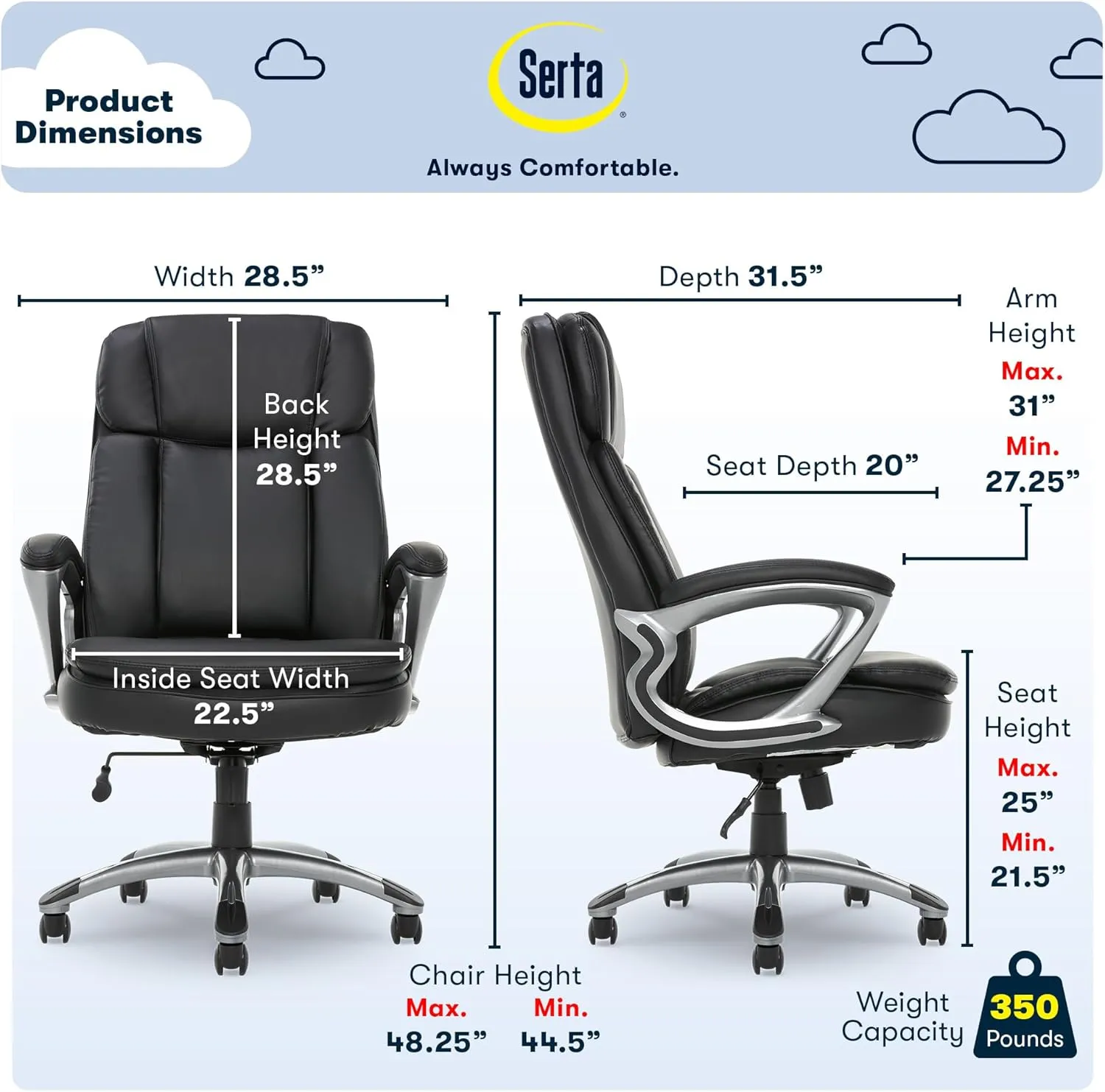 Serta Fairbanks Big and Tall High Back Executive Office Ergonomic Gaming Computer Chair with Layered Body Pillows, Contoured Lumbar Zone, Black