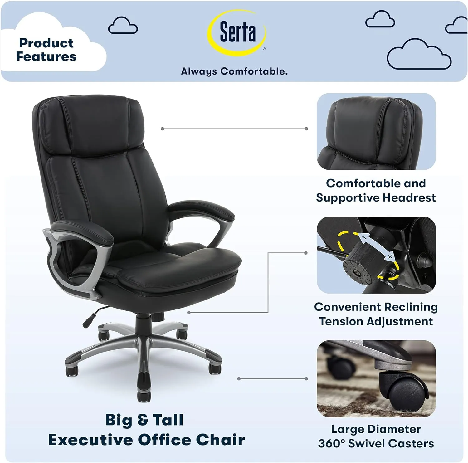 Serta Fairbanks Big and Tall High Back Executive Office Ergonomic Gaming Computer Chair with Layered Body Pillows, Contoured Lumbar Zone, Black